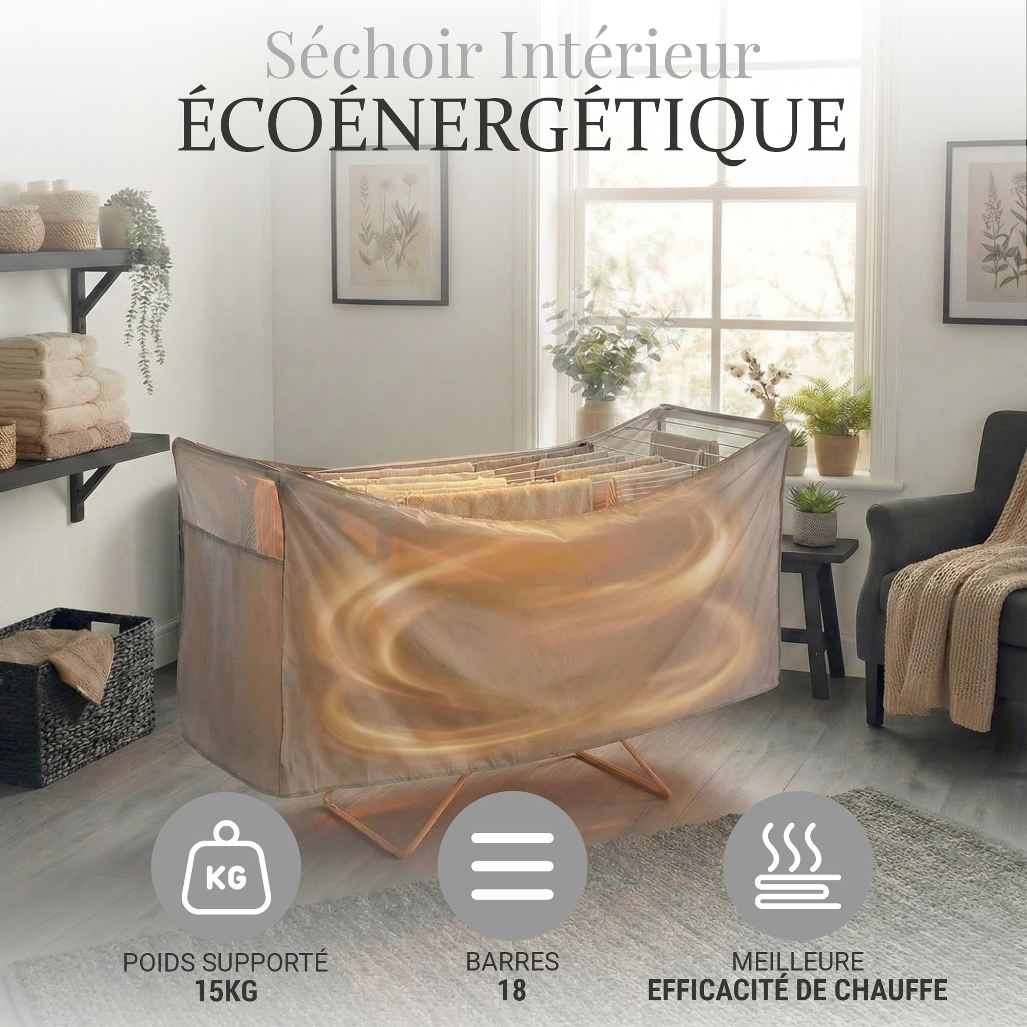 Étendoir à Linge Chauffant, Sèche Serviette Électrique Pliable, Sechoir a Linge Electrique Basse Consommation | 18 Barres Aluminium | Écran LED & Minuterie | Housse Thermique & Panier Inclus