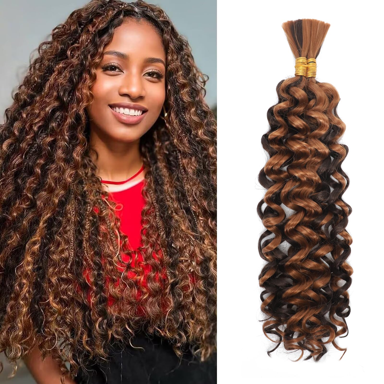 Water Wave Bulk for Braiding 16inch 100g With 2 Bundles Deep Wave Bulk Hair for Boho Braids No Weft Curly Wavy Synthetic Bohemian Braiding Hair Extensions for Women (P4/30
