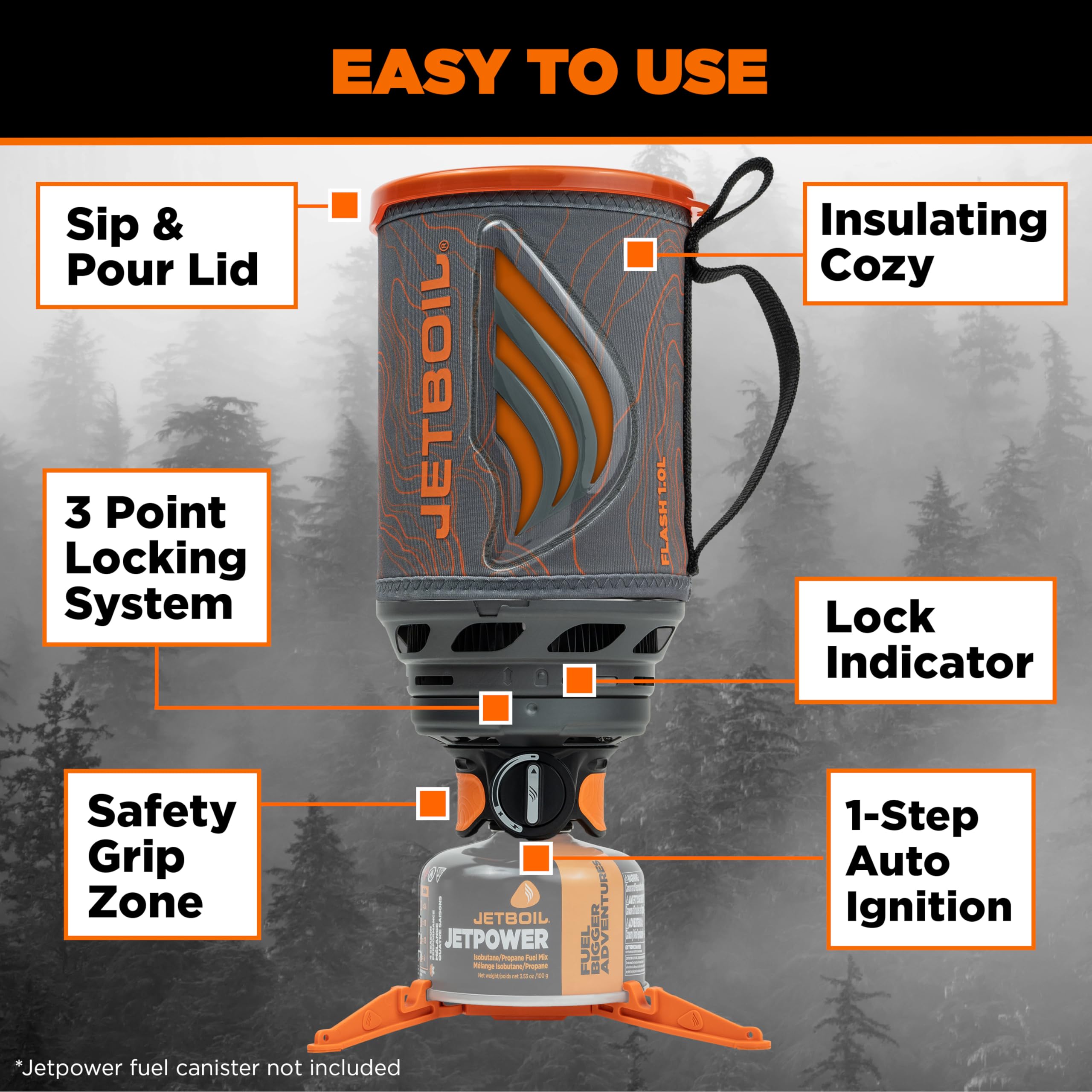 Jetboil Flash 1.0L Tragbarer Schnellkochkocher mit Windschutz für Camping und Rucksackreisen, 1-stufige automatische Zündung, Neu für 2026, Propan/Isobutan-Brenner, Topo