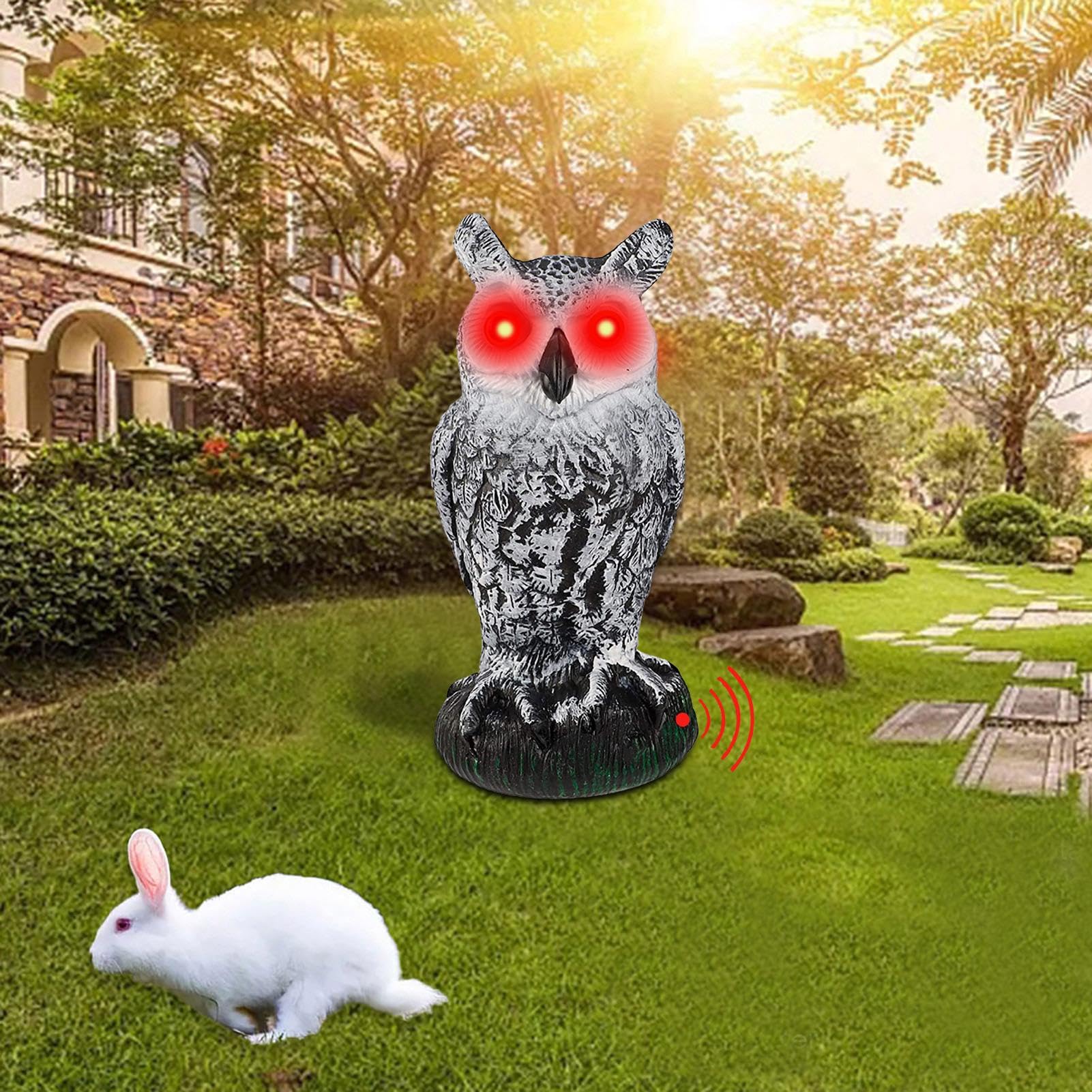 Esche attivate con gufo – Spaventapasseri con occhi e rumore, statua di gufo cornuto resistente alla luce, repellente per uccelli da giardino, spaventapasseri con occhi lampeggianti