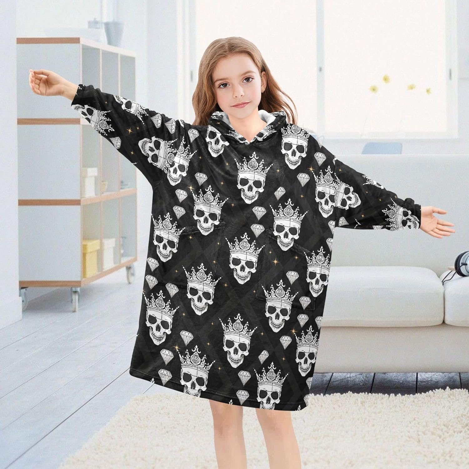Skull Kids Wearable Blanket Hoodie with Pocket and Sleeves for Toddlers, Cute Hoodies 3-14 Year Girls Boys B0405387