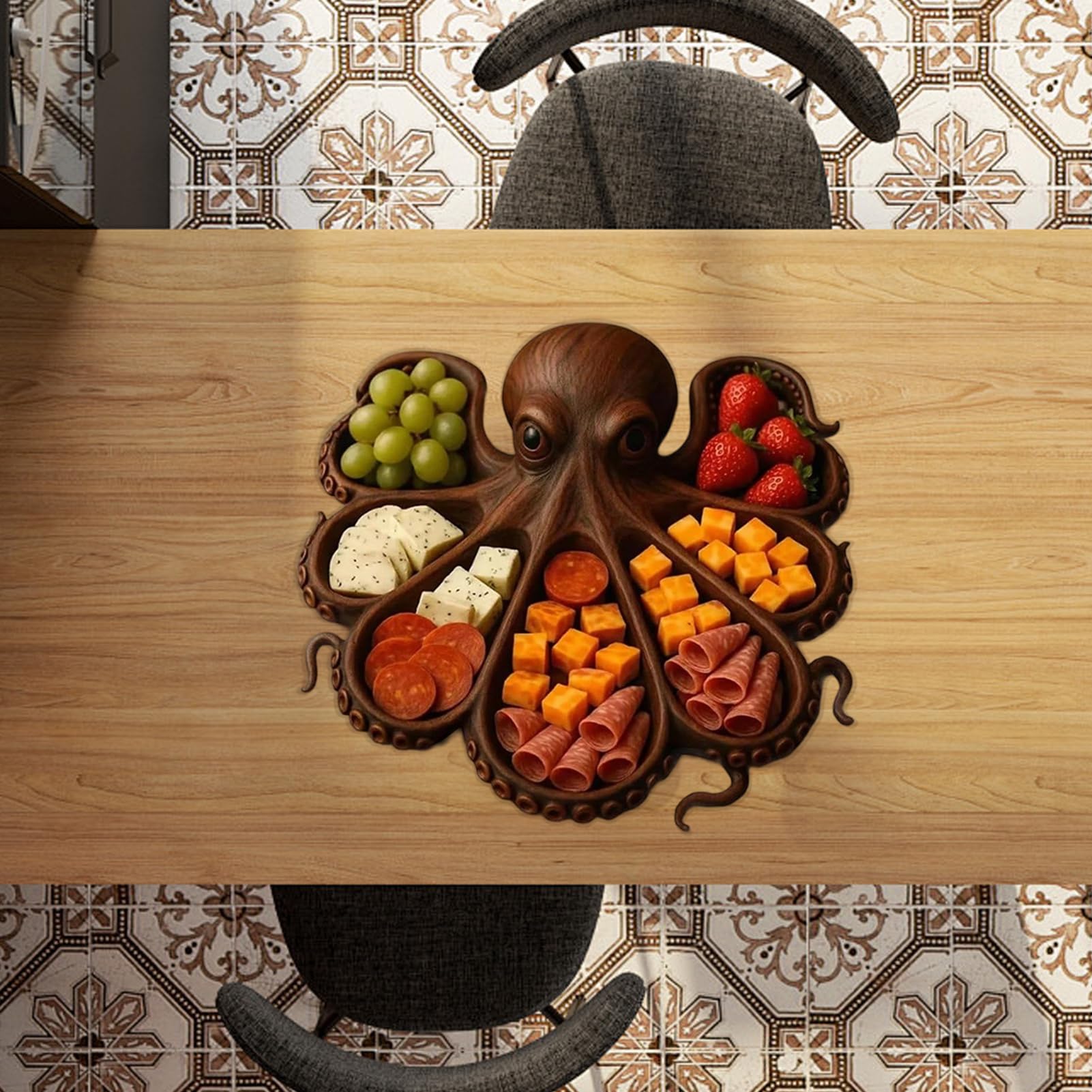 Genérico Bandeja de madera para servir - Diseño único de pulpo, bandeja para embutidos | Bandeja de cocina resistente para quesos, mariscos, picnics, cenas temáticas y entretenimiento al aire libre.