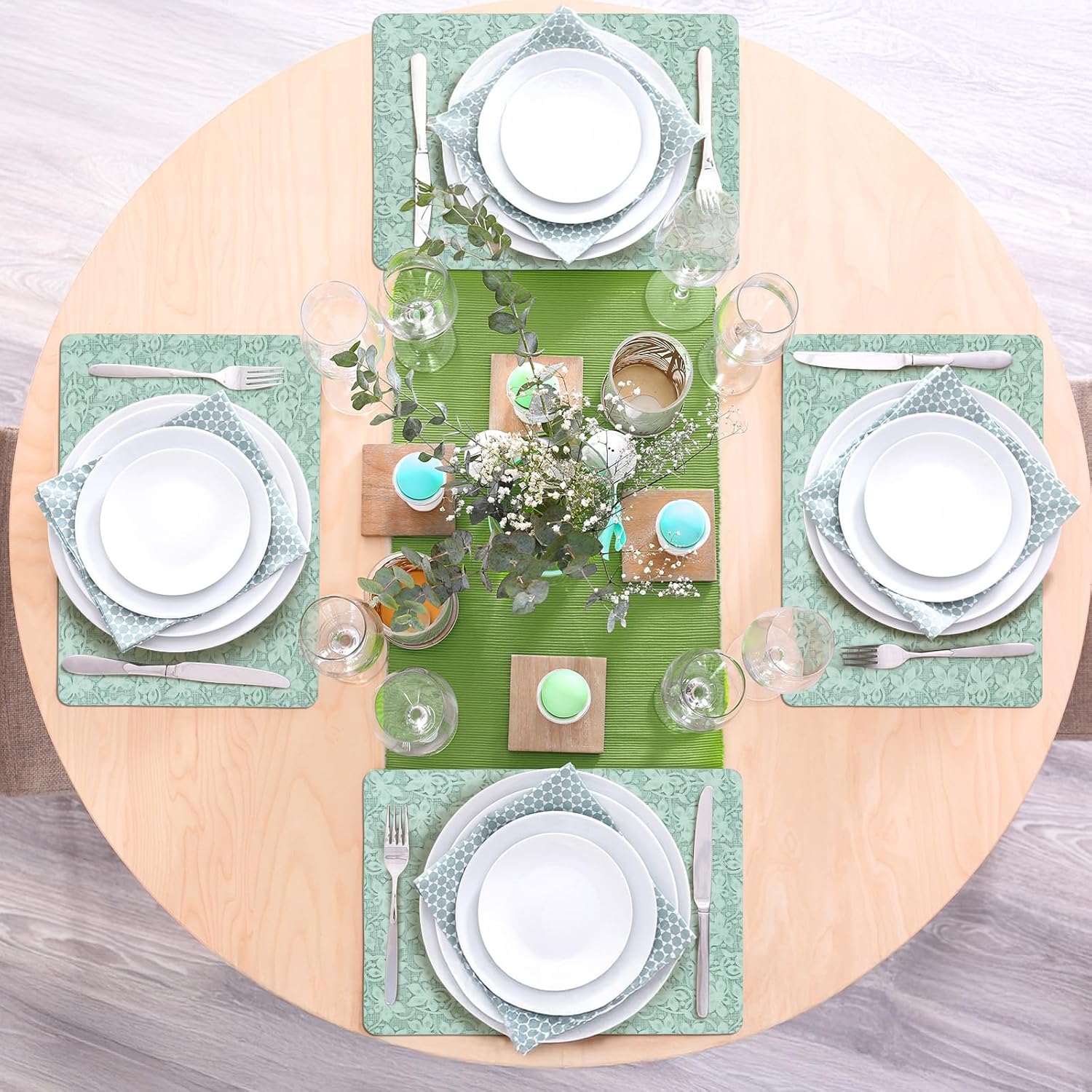 18 x 12 inch Set of 6 Faux Leather Placemats Flower Pressed Waterproof Table Mats,Dual Sided Retro Place Mats for Kitchen Dinner Daily, Meals Table Decor, Green