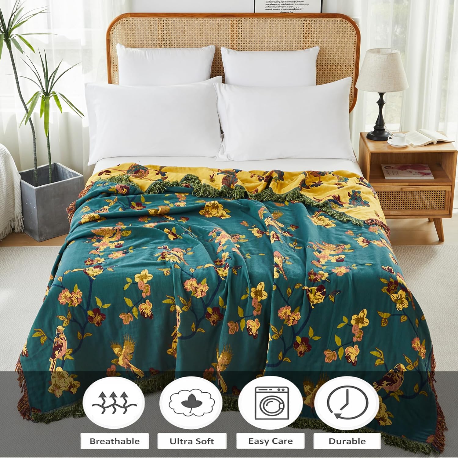 Lemfux Boho Throw Blanket for Bed Sofa, 100% Cotton Muslin Quilt, Ultra Soft Breathable Floral Bird Rustic Farmhouse Blanket, Lightweight All-Season Bedspread for Couch Chair (Bird Green, 80"x90")