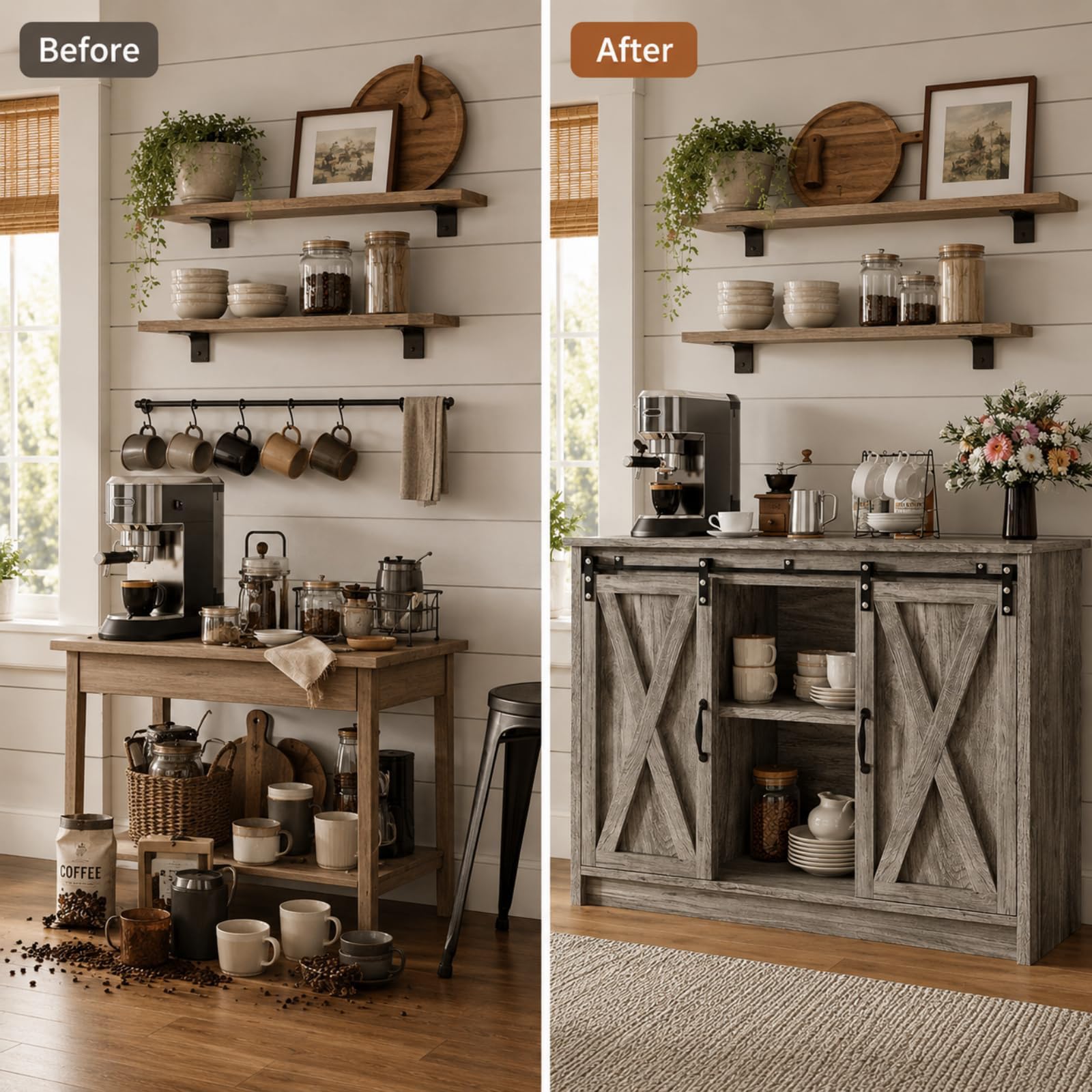 Farmhouse Coffee Bar Buffet Cabinet Sliding Barn Door Adjustable Shelf Grey image 5