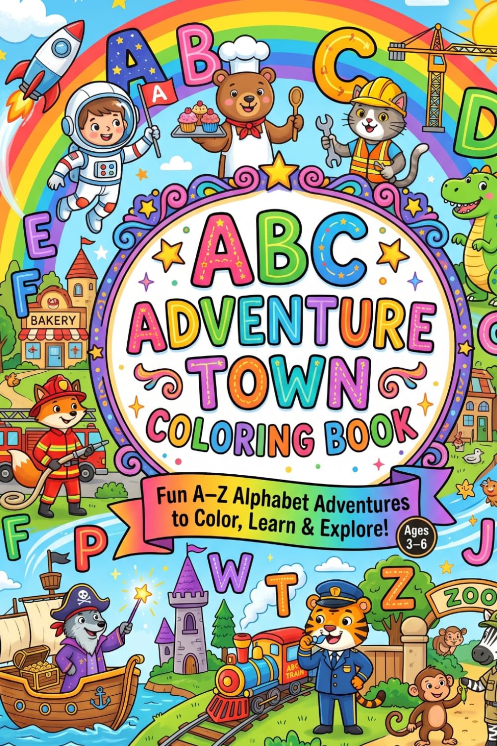 ABC ADVENTURE TOWN COLOURING BOOK: Fun A–Z Alphabet Adventures to Color, Learn & Explore! Ages 3–6.