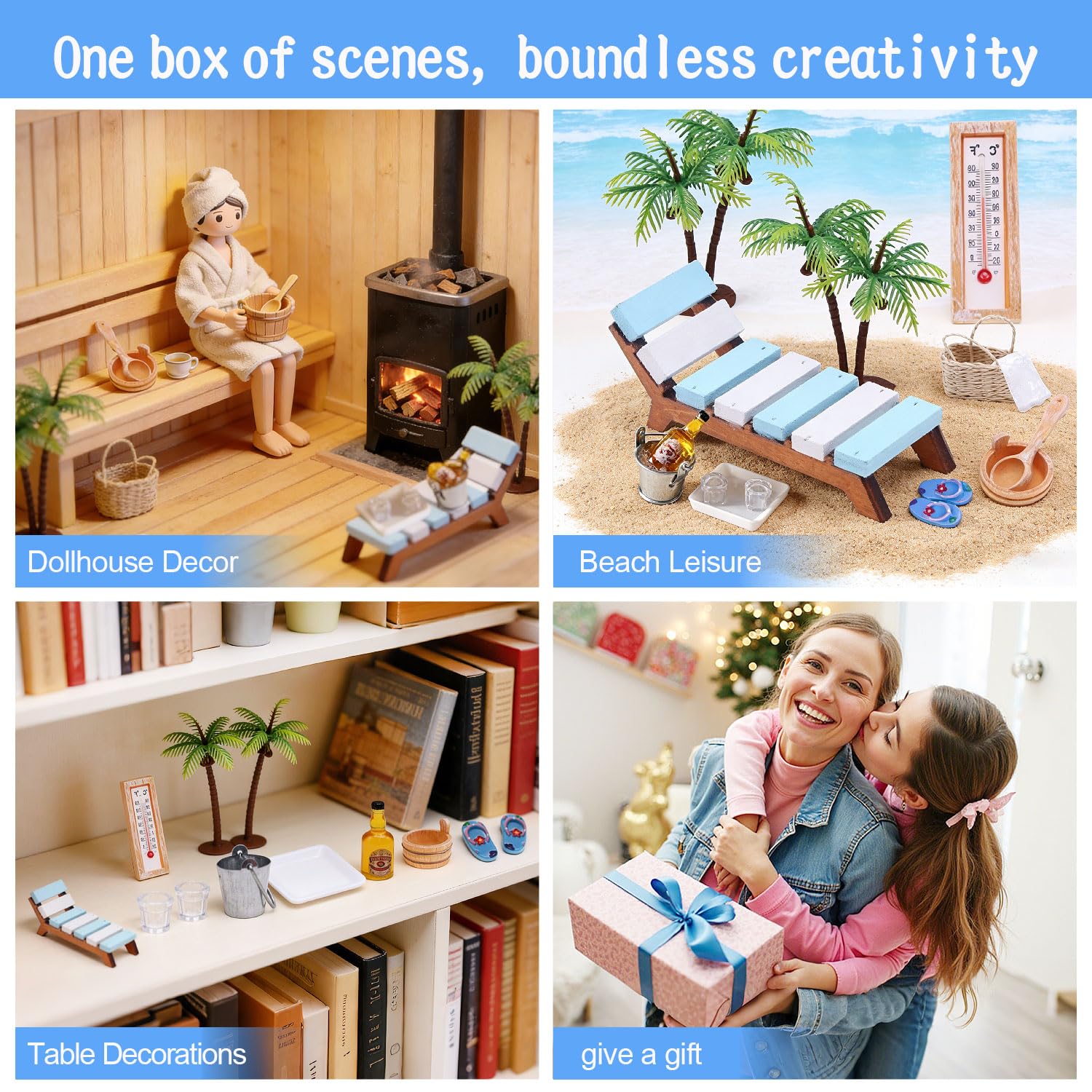 11 Stück Puppenhaus Zubehör Wichtel Zubehör Sommer Miniatur Deko Miniatur Zubehör Mini Liegestuhl Deko Klein Miniatur Garten Strandkorb Deko Miniatur Möbel Miniaturen (G: Sauna-Set)