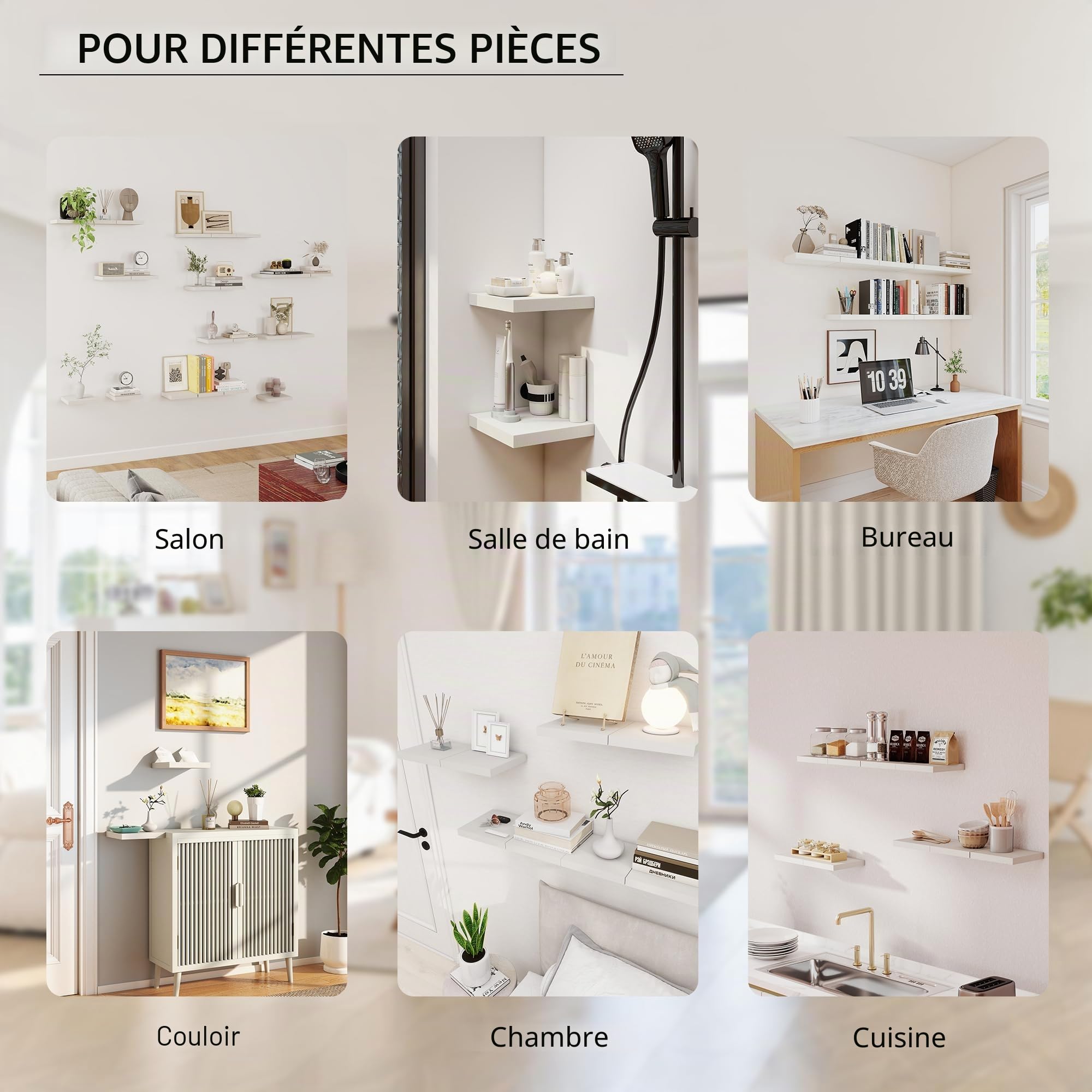Lot de 3 Etagere Murale Blanche Bois Fixation Invisible, Étagère Murale Blanche Suspendue Bibliothèque Flottante Tablette pour Deco Salon/Cuisine/Chambre/Salle de Bain/Blanc(Icône Chêne)25x22CM