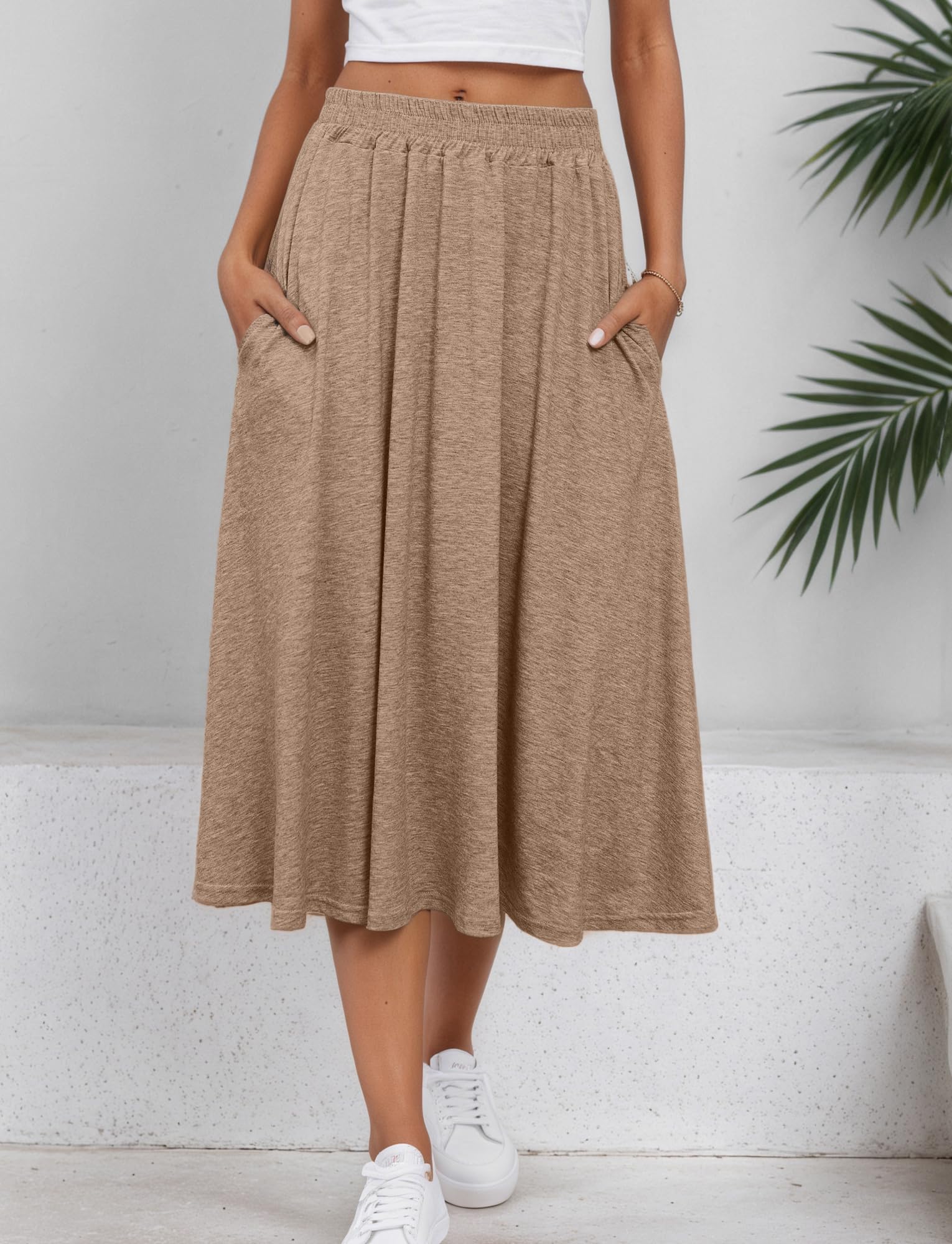 Elegancka spódnica damska, wysoka talia, spódnica midi, jednokolorowa, z kieszeniami, luźna spódnica o linii A, długa, elastyczna talia, plisowana spódnica