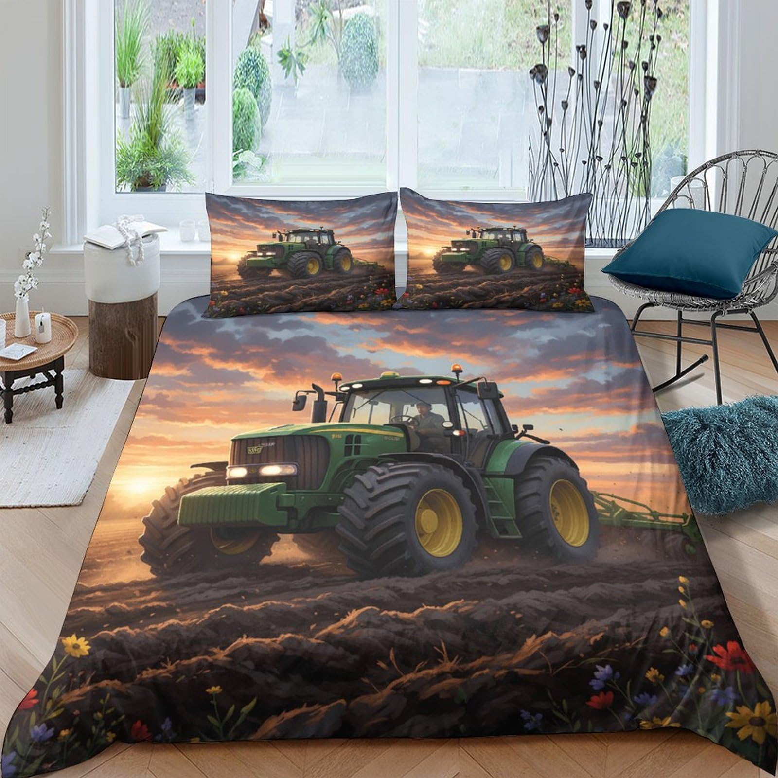 Ctjqhvkz Style-2 3D Printed Tractor Sunset Fitted Sheet Microfiber Non Slip Farm Landscape Bed Cover Machine Washable Bedroom Decor Single（135X200cm）