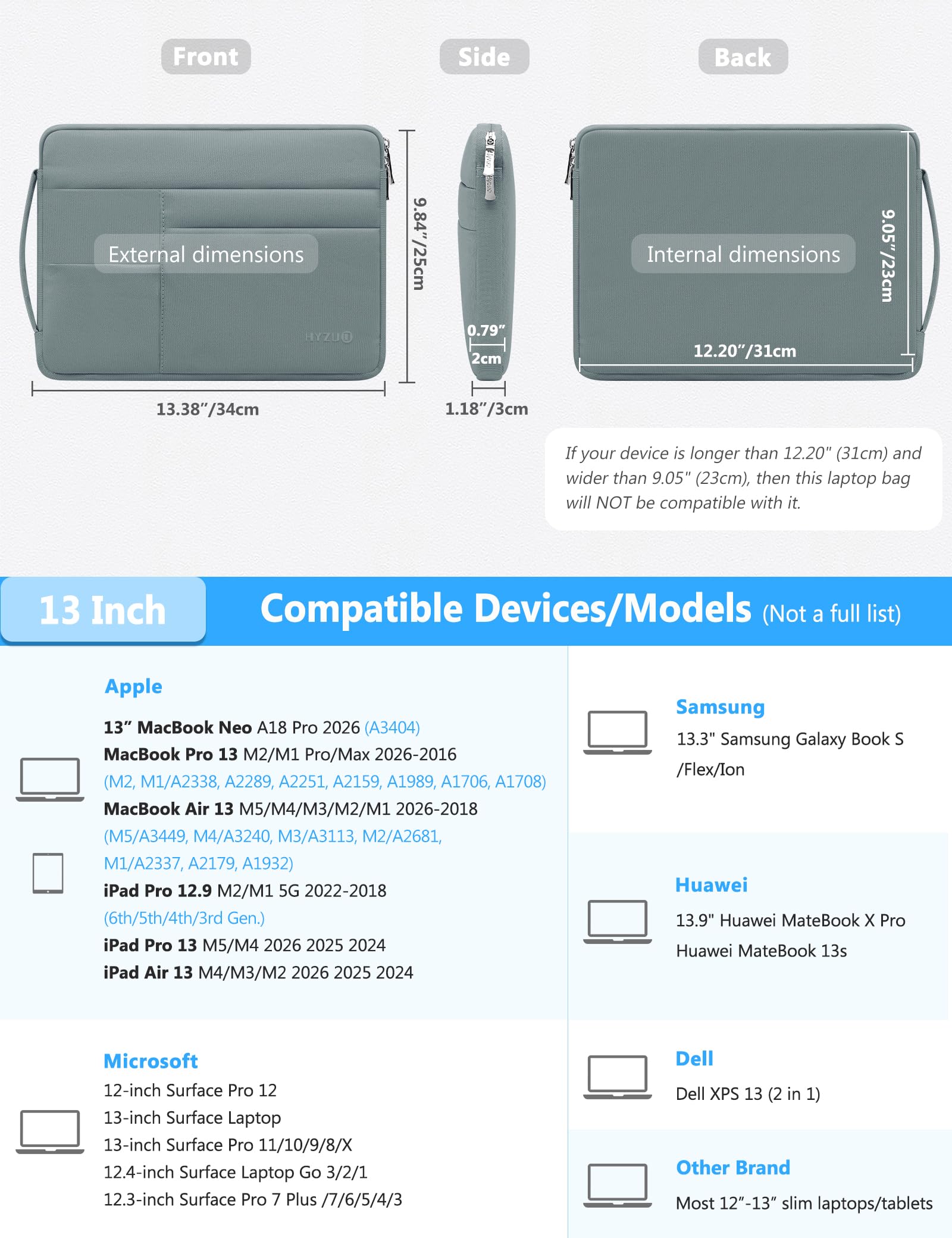 HYZUO Custodia per Laptop con Maniglia Laterale per MacBook Pro 14 M3/M2/M1 Pro/Max A2992 A2918 A2779 2024-2021, 13,5-13,8 Surface Laptop/Book, MacBook Pro 13, MacBook Air 13, HA46