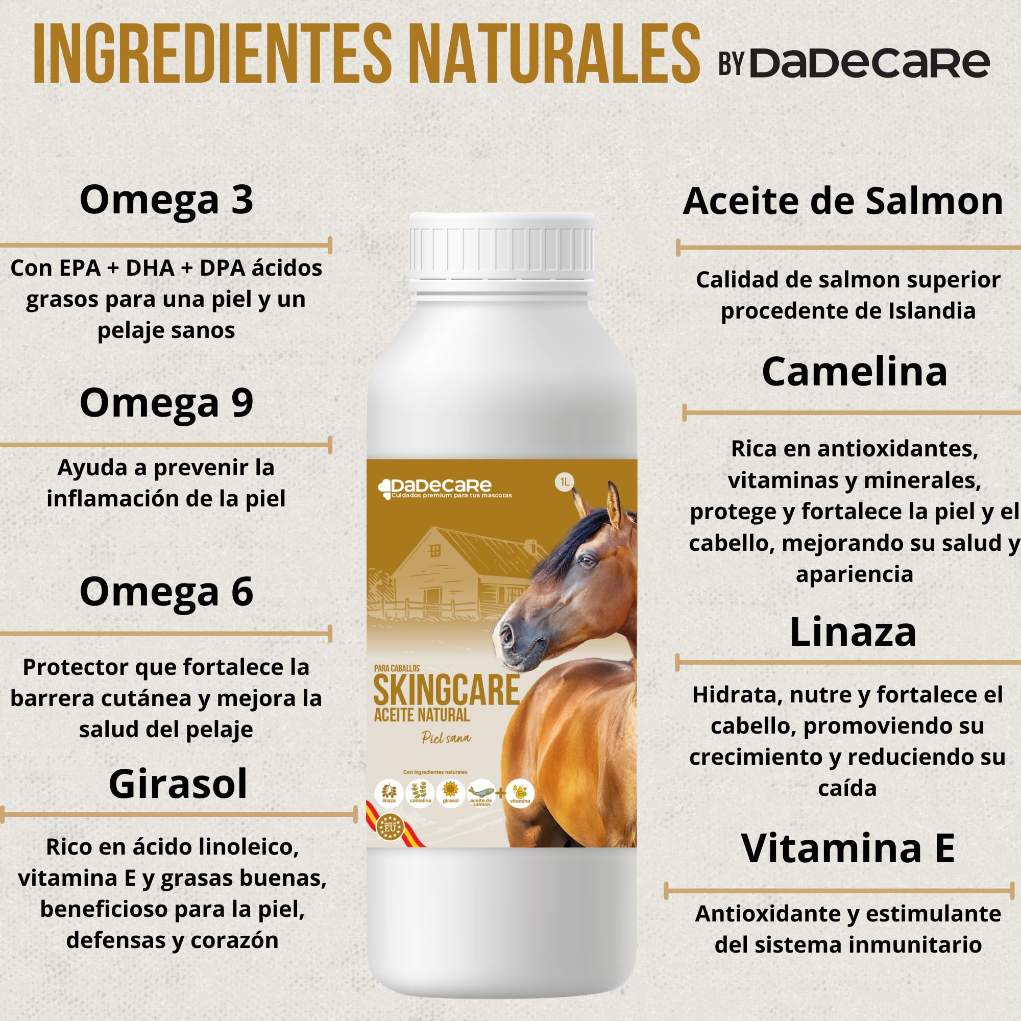 Skingcare – Suplemento Dermatológico para Caballos | Omega 3 6 9 con Linaza, Camelina, Girasol y Salmón | Apoyo Nutricional para Piel y Pelaje Seco