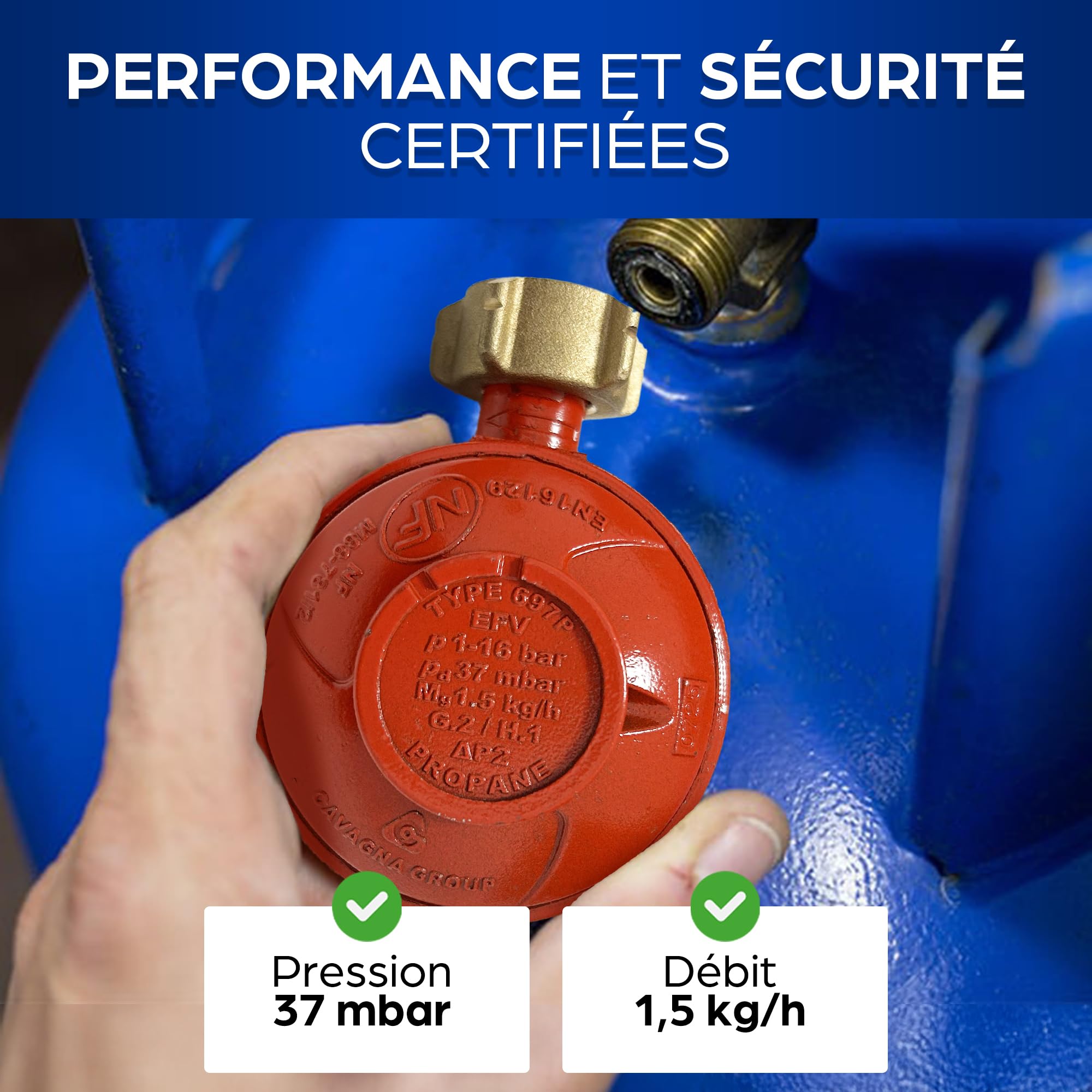 Détendeur Gaz Propane 37 Mbar avec Sécurité Excès de Débit – Raccord G.2 Bouteille 13 Kg ou 35 Kg – Sortie Filetée 20x150 – Débit 1,5 Kg/h – Pour Barbecue, Plancha, Chauffage – Conforme NF En 16129