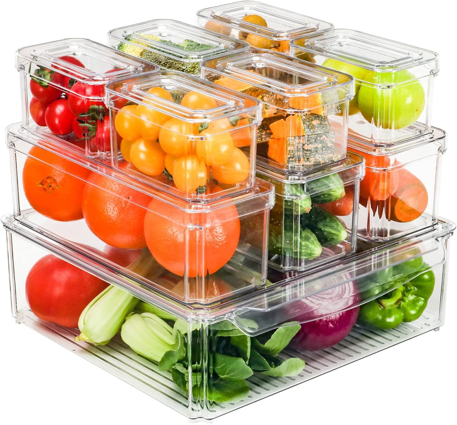 Jinou 10 PCs Fridge Organizers And Storage - Made With Premium Quality Acrylic Glass - Fridge Organizer For Fruits, Vegetables, Drinks, Eggs And Other Food (10 Pcs Set)