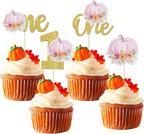 Rsstarxi Paquete de 24 adornos para cupcakes de primer cumpleaños con diseño de calabaza para el primer cumpleaños, decoración de pastel de calabaza