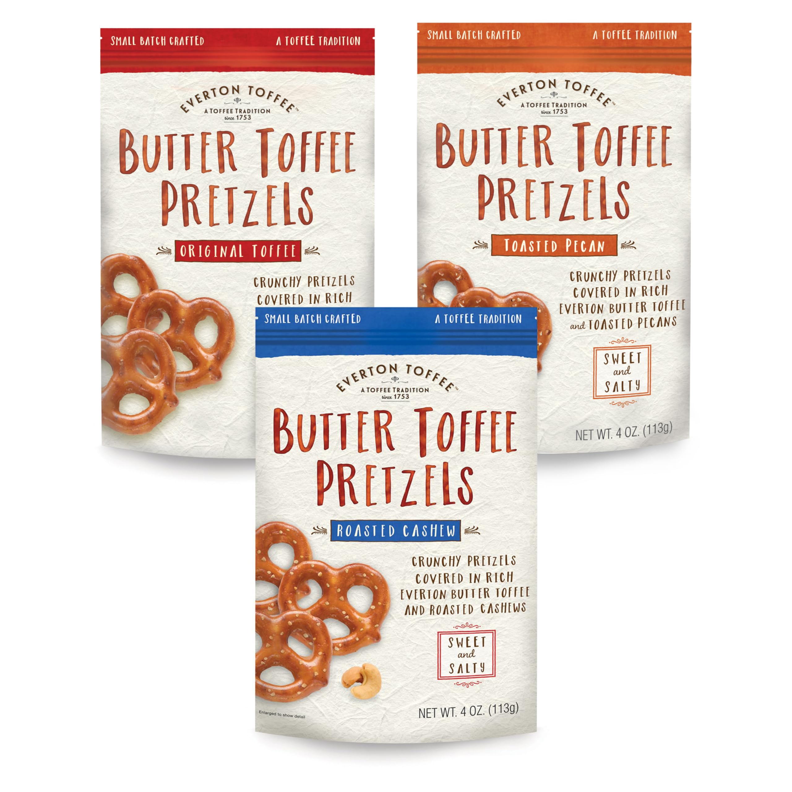 - Everton Toffee Butter Toffee Pretzels, Variety Pack (4 oz. bag, 3-pack). Gourmet Artisan Toffee Covered Pretzels, Sweet and Salty Mini Pretzel Snacks, Small Batch Crafted