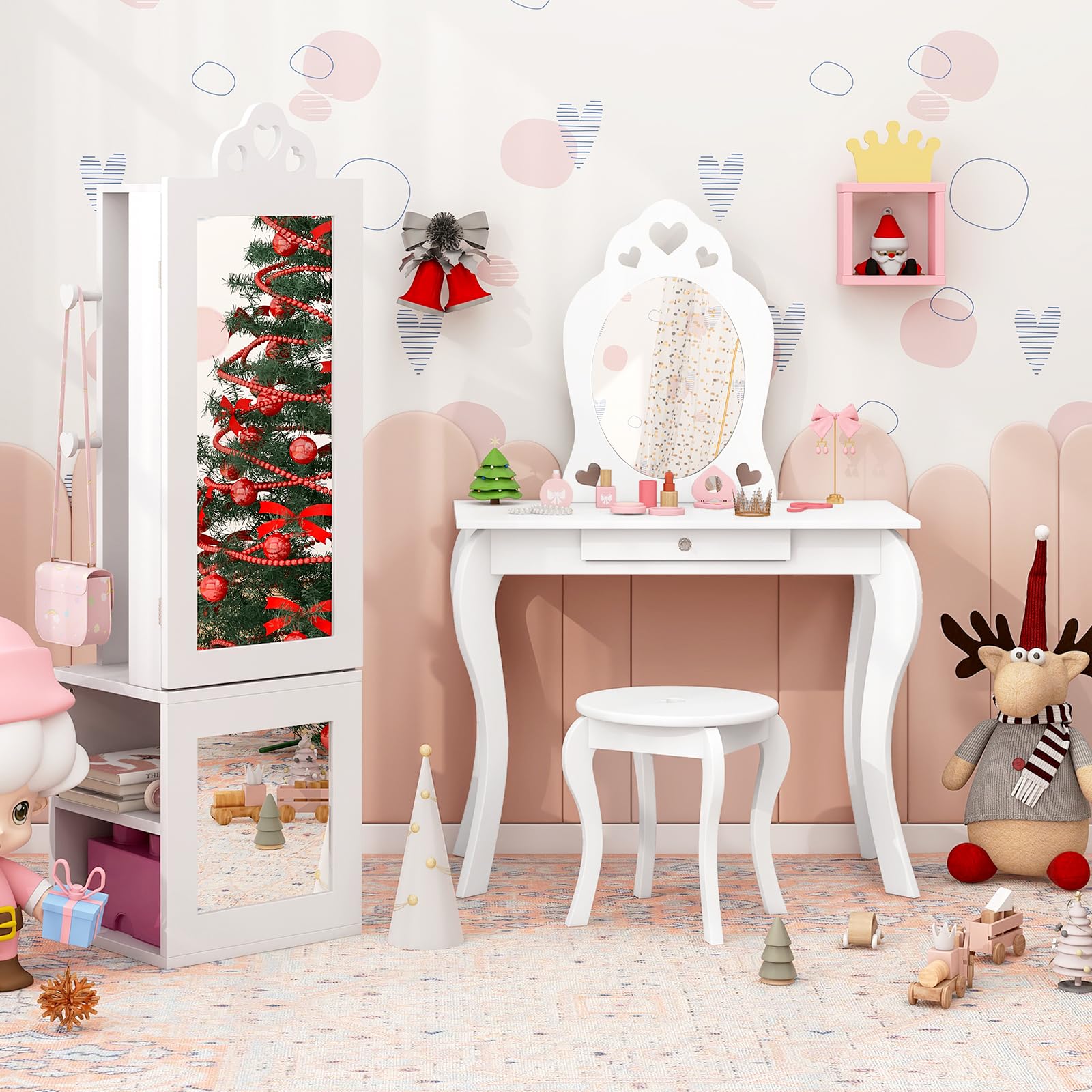 COSTWAY Armario de Joyería para Niñas 3 en 1 con Espejo y Perchero, Blanco
