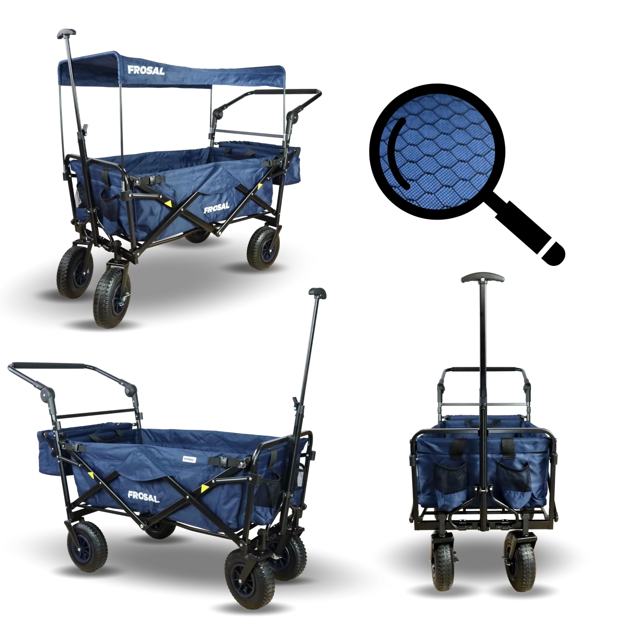 FROSAL Bollerwagen Nick PRO faltbar mit Bremse Dach blau klappbar | Schiebegriff | Luftreifen | Lufträder Ideal für Strand Wald & Feldwege