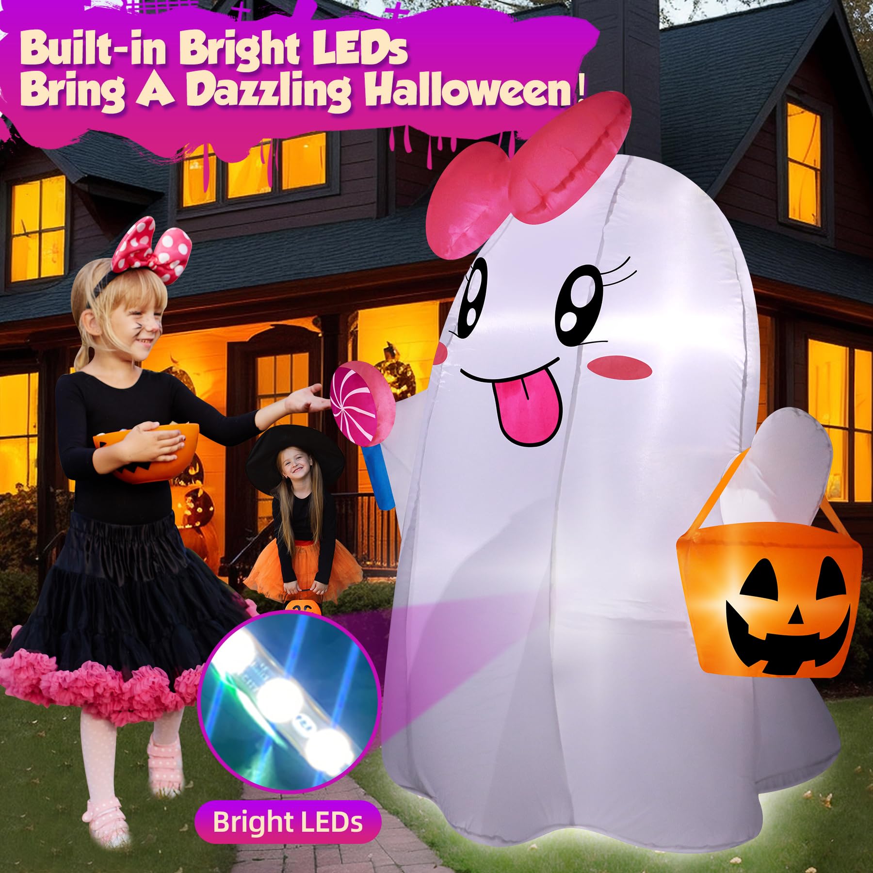 zukakii 5FT Halloween Inflatables Ghost, Cute Halloween Decorations Outdoor Blow Up Yard Decorations with Built-in Bright LED Lights Pumpkin Lollipop Bow Blow-ups for Indoor Outdoor Holiday Party