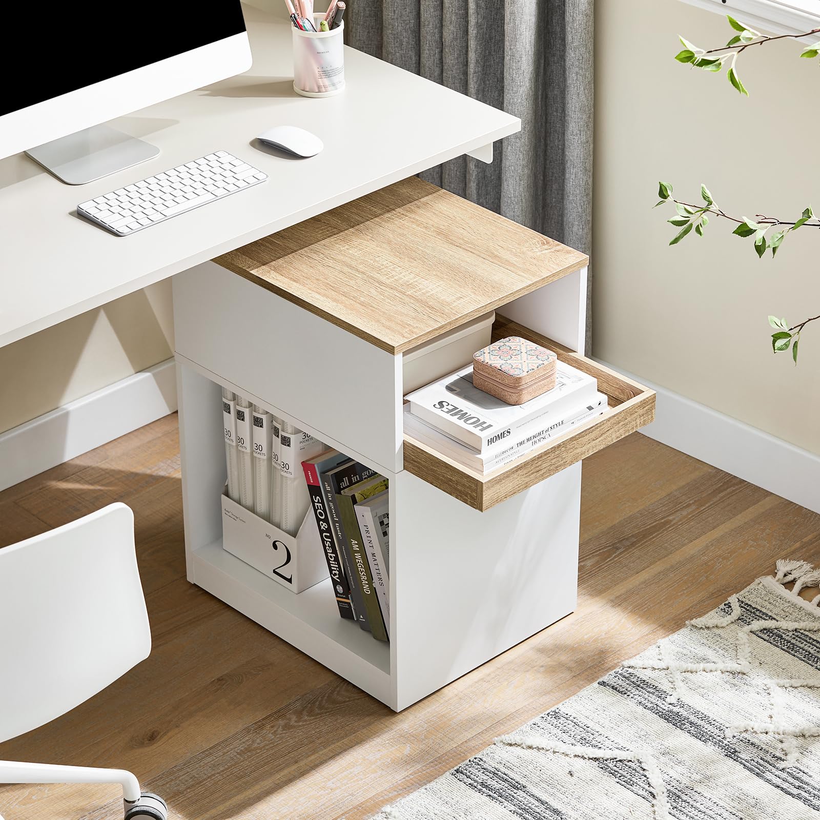 SoBuy Druckertisch mit Rollen – Versteckte Rollen, 3 Fächer, Rollcontainer Schreibtisch für Büro, Homeoffice und Arbeitszimmer, Mit herausnehmbarer Schublade, Weiß-Natur BHT ca. 40x65x50cm ASK08-WN