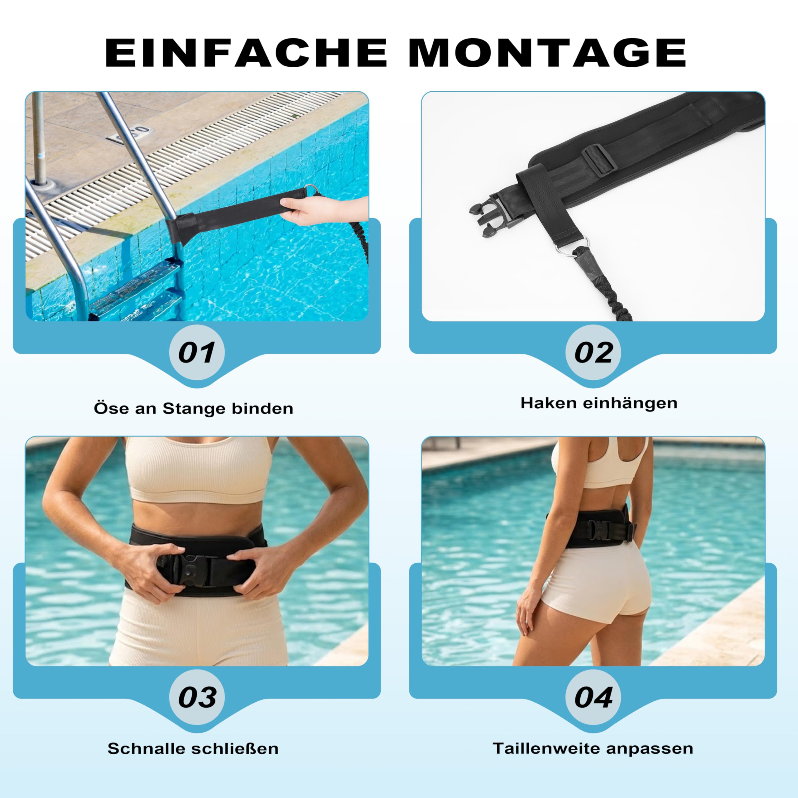 BOOSTEADY Verbreiterter Schwimmgurt für Pool, 4M Einstellbarer Schwimmgurt mit Widerstandsband für Erwachsene, Schwimmtrainer für effektives Training im heimischen Pool