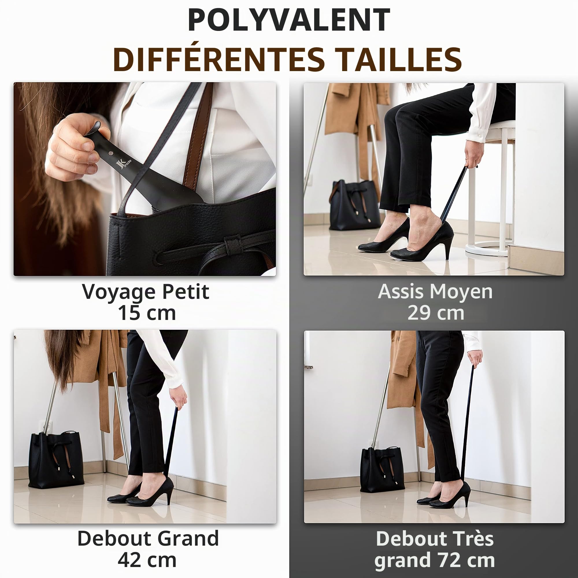 JK Trade® Lot de 3 chausse-pieds en acier inoxydable solide | 15, 29 et 42cm | Chausse-pied court en acier inoxydable, moyen et long | N'abîme pas le dos | Longueur et largeur optimisées | Business