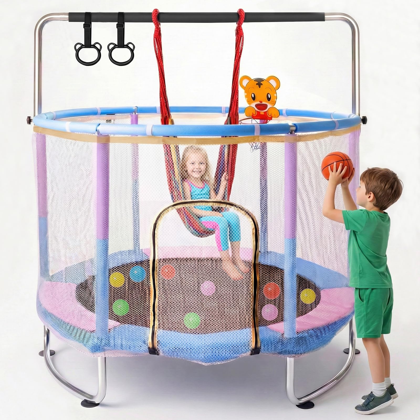 HLC Trampolin für Kinder, 150 kg Tragfähigkeit mit Turnstange, Schaukel, für Innen und Außenbereich.