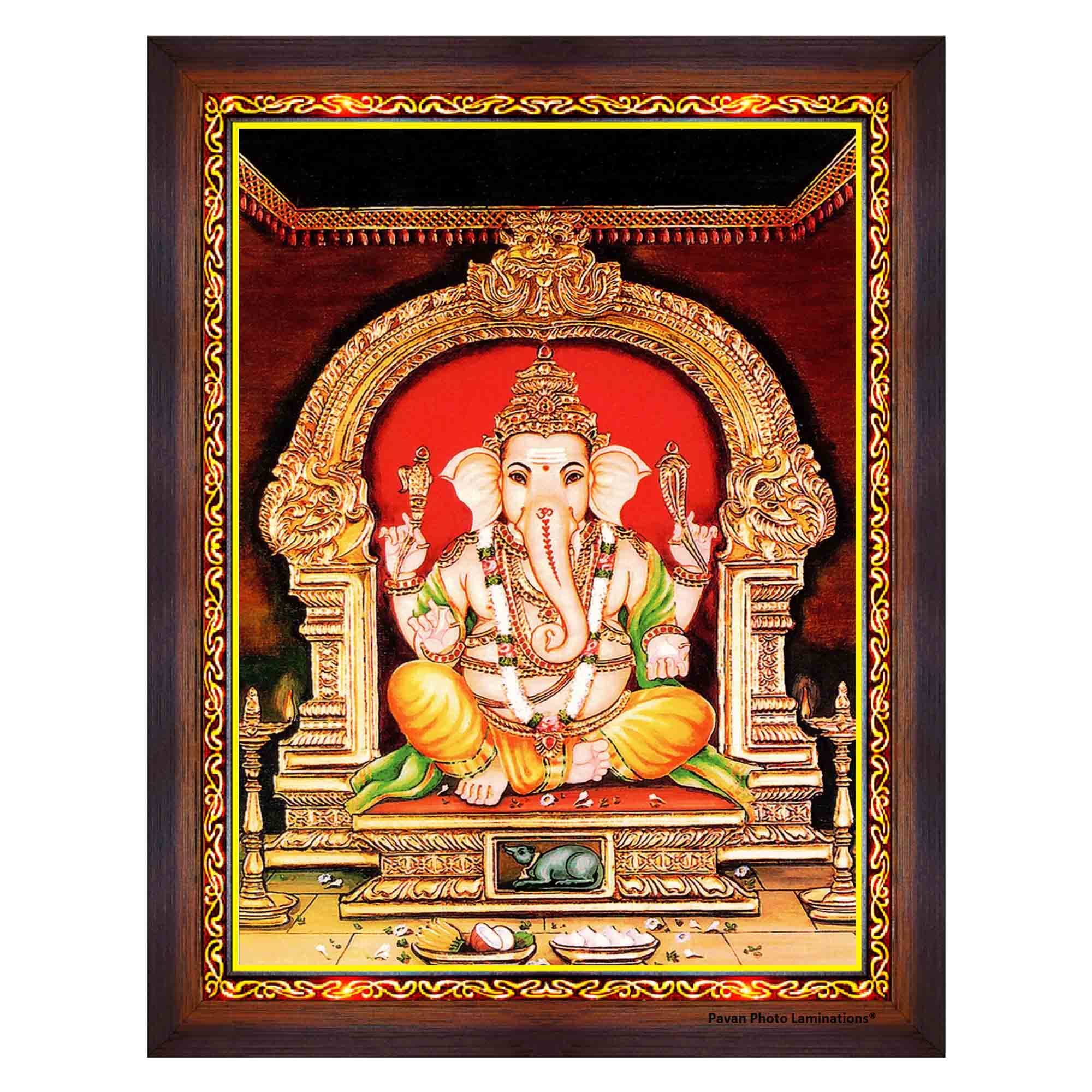 Pavan Photo Laminations Lord Ganesha Vinayagar Ganesh Hanging Tanjore Wall Painting Framed Home Decor (Wood,Matte,Brown,Small Size,6 x 8 Inch) B1014S