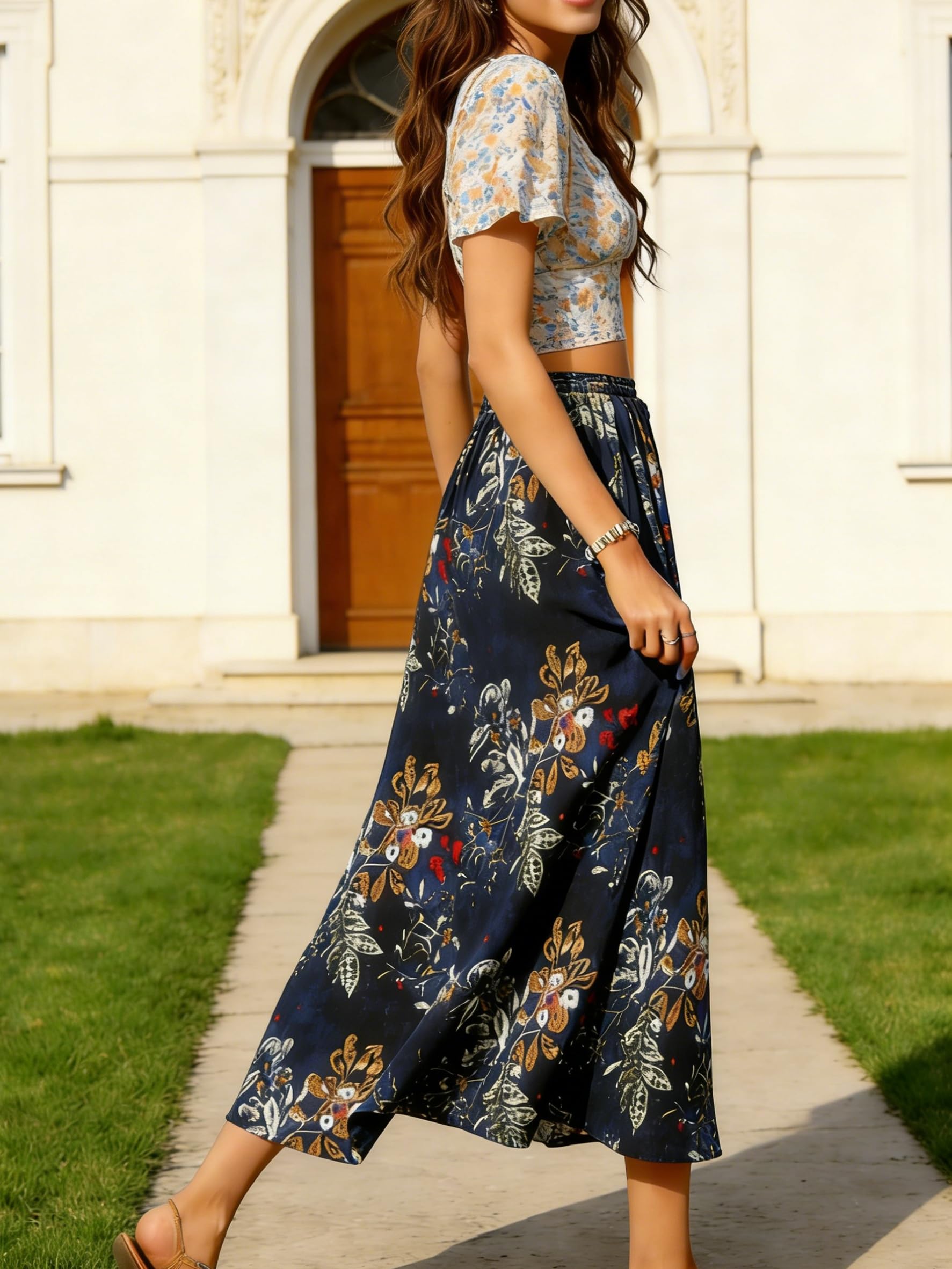 Lunghe Gonne Donna Elegante a Vita Alta Maxi Gonna con Coulisse Casual Trapezio Gonne Elastiche Skirt A Trapezio Gonne da Spiaggia