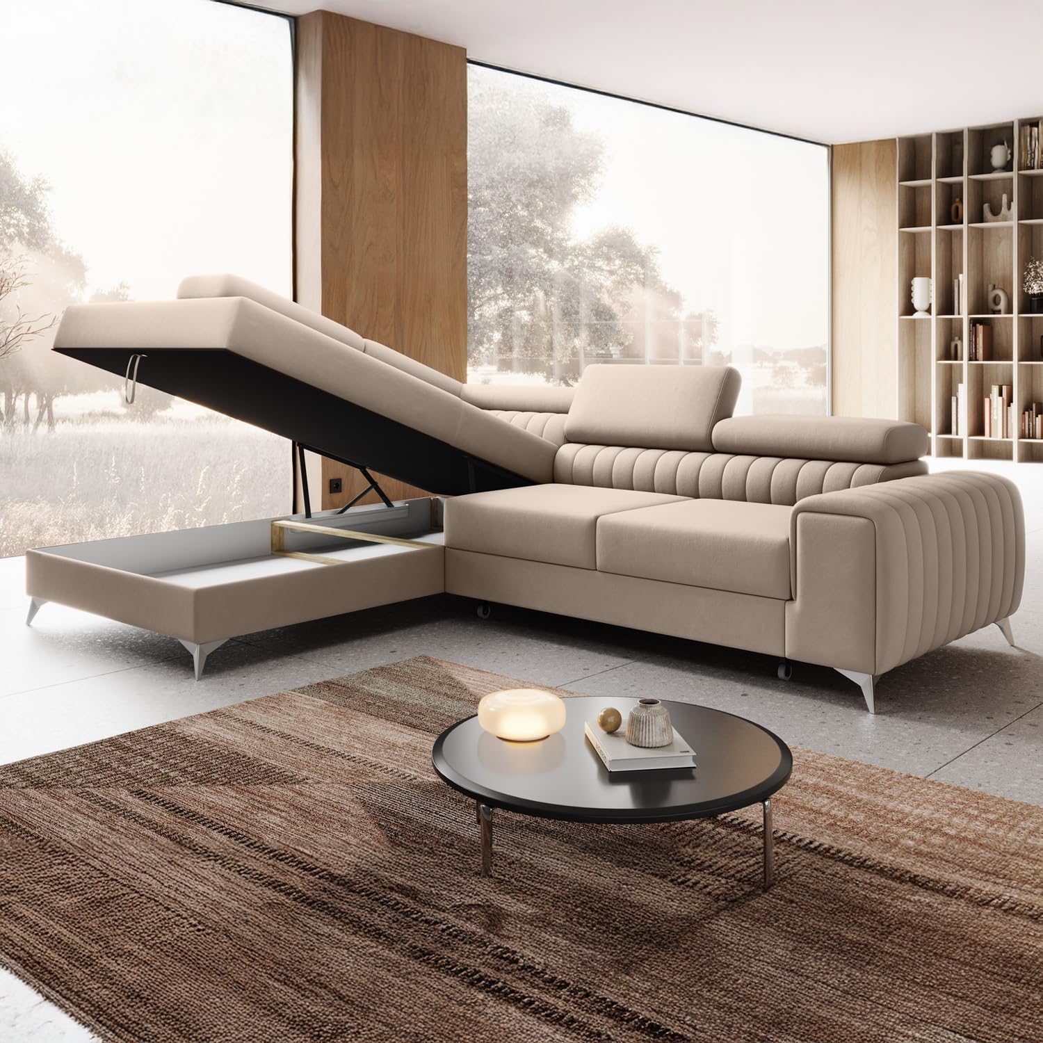 INTENSE DECO Canapé d'angle Gauche Convertible Isaac Velours Beige