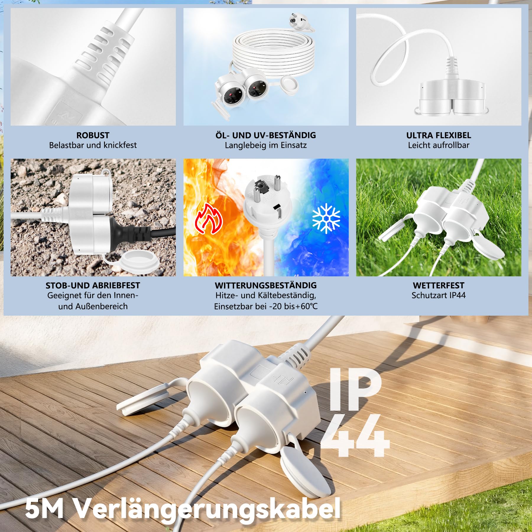 Rallonge électrique IP44 3500W 16A 250V 5m Blanc avec Prises et Couvercles Anti-poussière