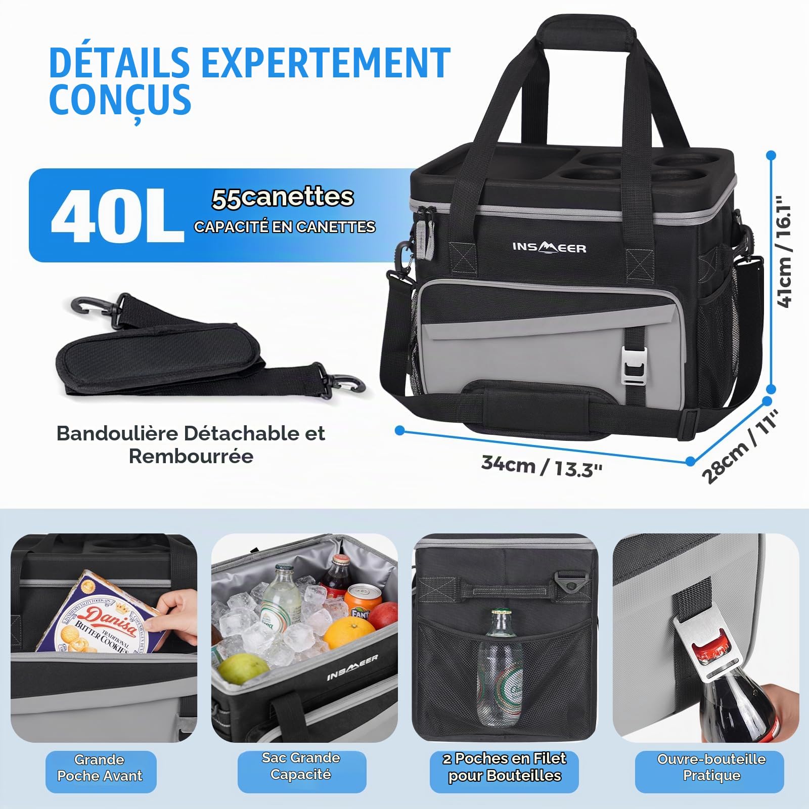 INSMEER Glacière souple avec coque rigide et 2 porte-gobelets, sac isotherme 100 % étanche