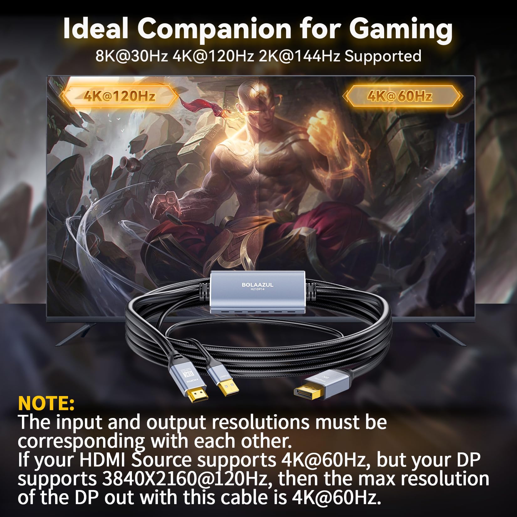 BolAAzuL Câble adaptateur HDMI 2.1 vers DisplayPort unidirectionnel, 6.6 pieds, noir, pour Console de jeu, Ordinateur, Ordinateur portable, Moniteur