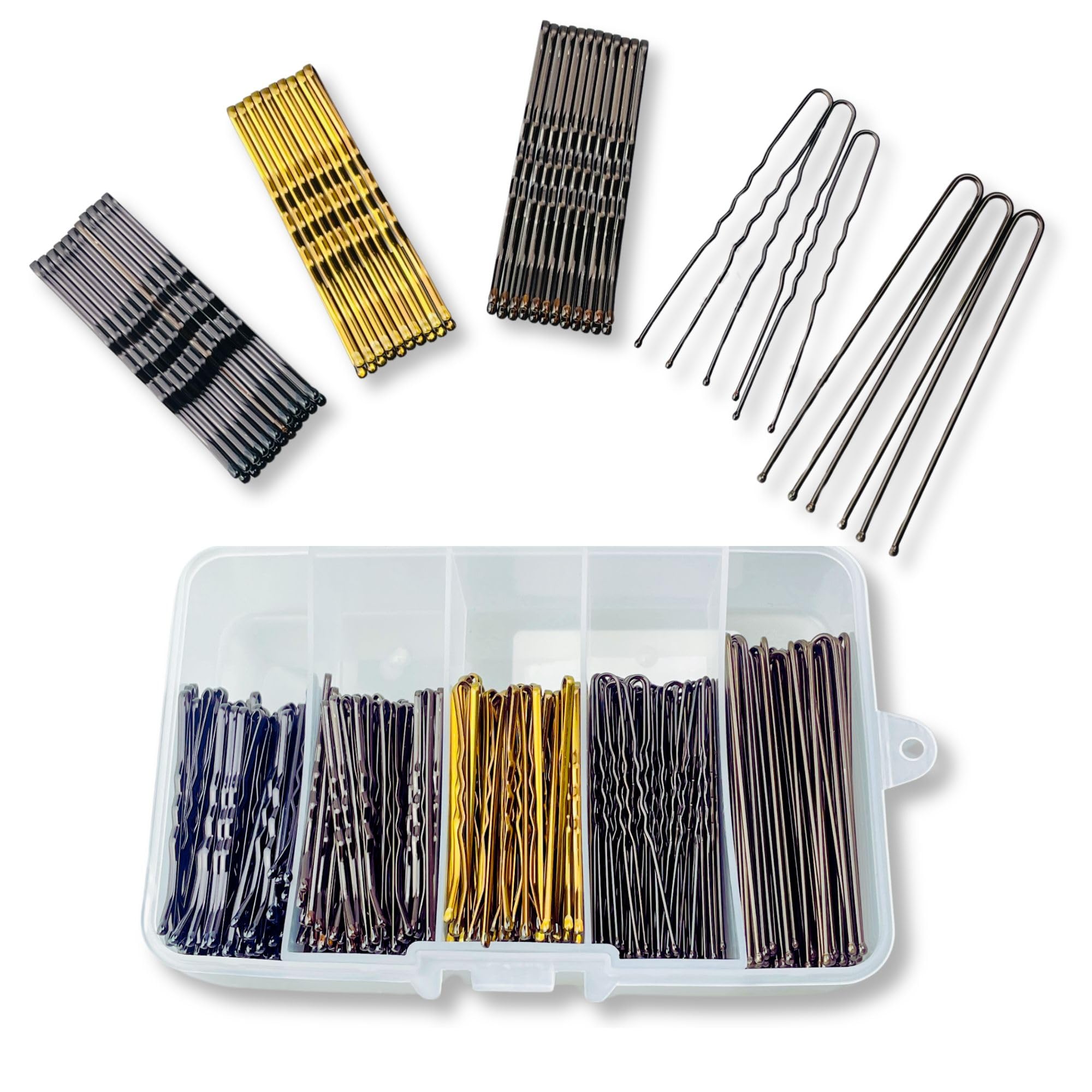 Parvaneh Bobby Pins&Hair pins With Box,500pcs,U shaped Hair Pins for Women,Hair Pin Set,300 Bob pins&200 U pins,Hair Accessories Box,blonde,black,brown hair grips,Girls,Assorted size اكسسوارات الشعر