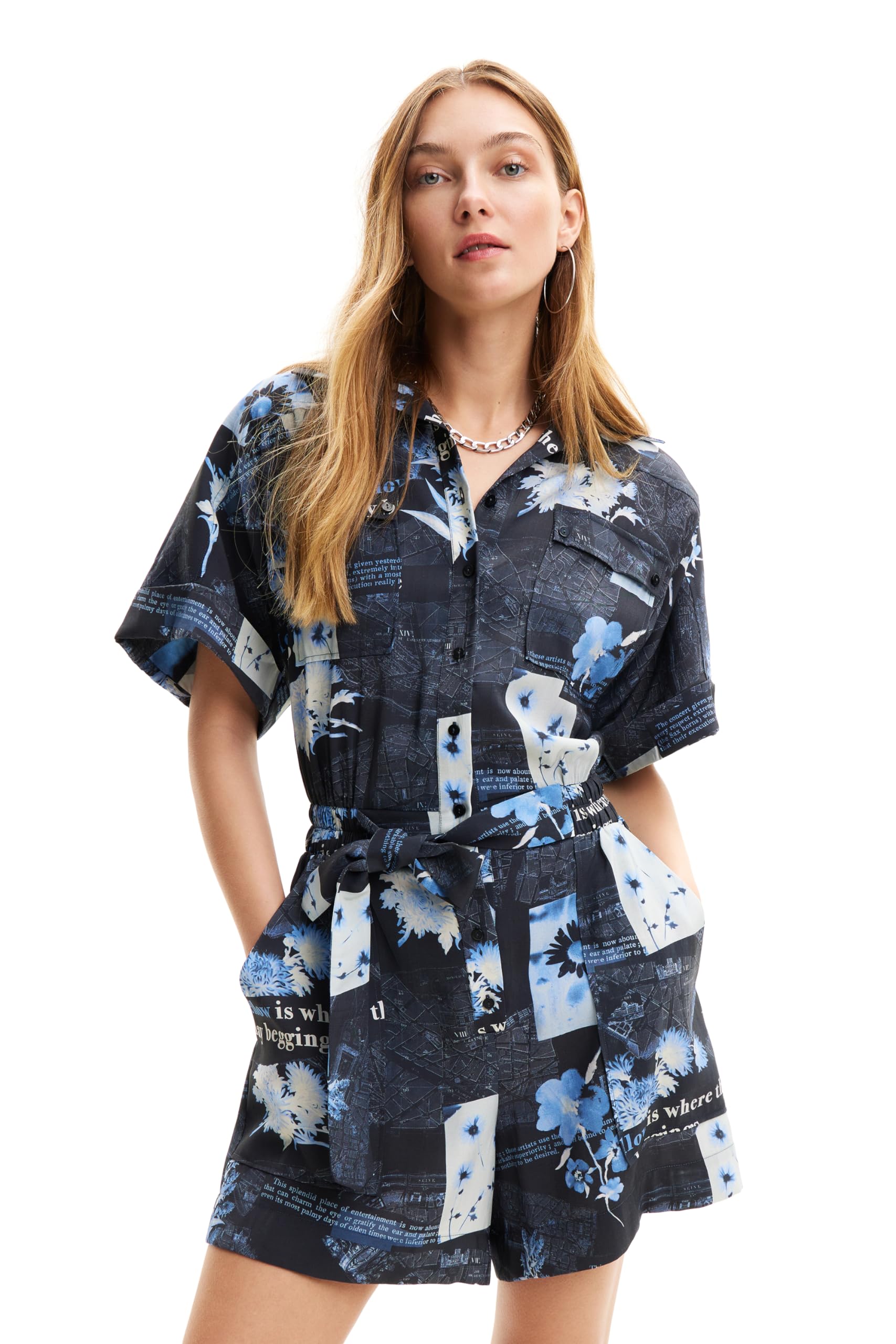 Desigual Damen Blau Kurzer Jumpsuit Karten, Xs