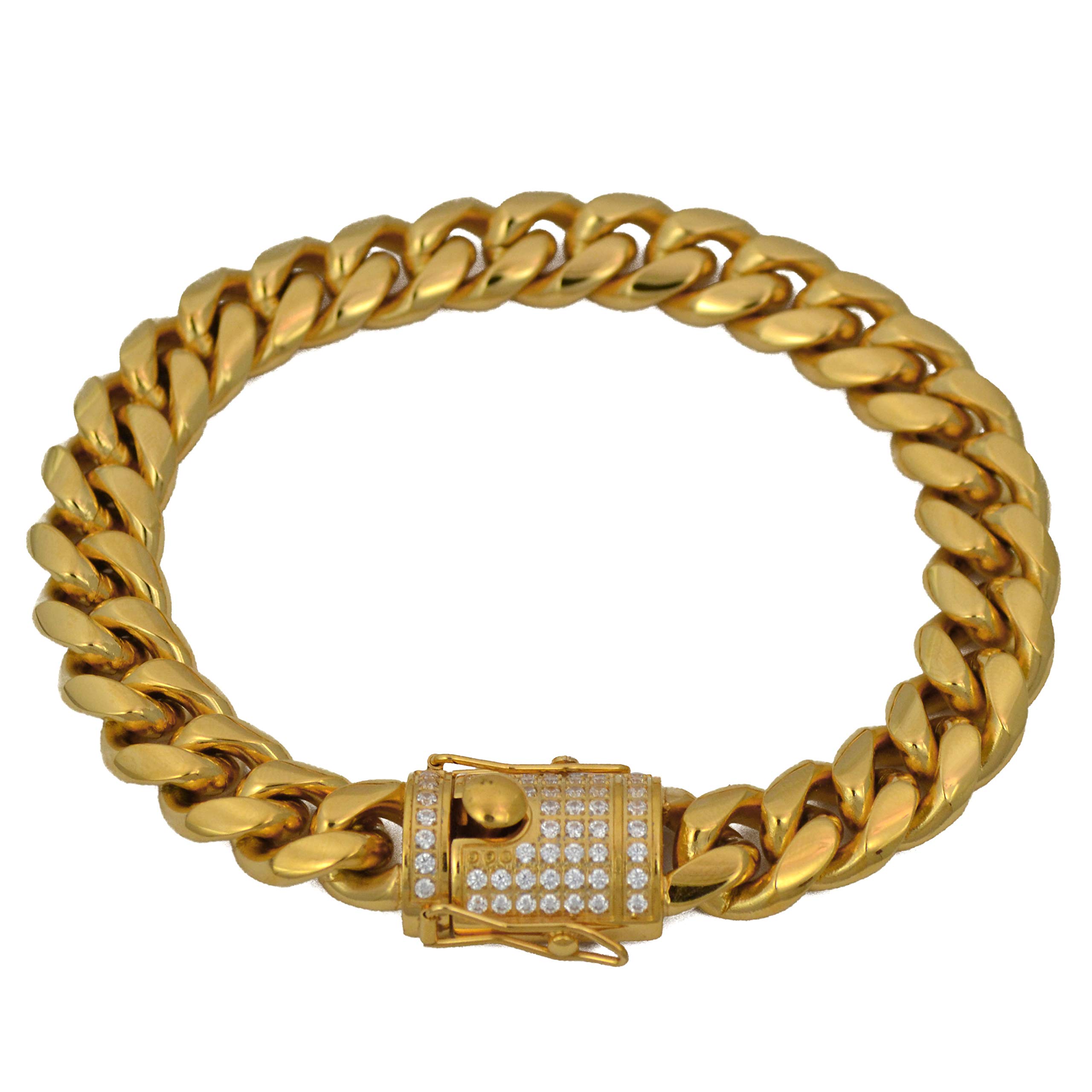 Cadena de eslabones cubanos bañada en oro de 18 quilates para hombre, acero inoxidable, cierre de diamante de circonita cúbica, pulsera cubana: 10 mm-14 mm