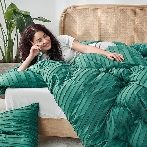 Miniatura 3 de Juego de funda de edredón bohemio tamaño individual, juego de funda de edredón con textura a rayas para niños, juego de ropa de cama bordado ultra