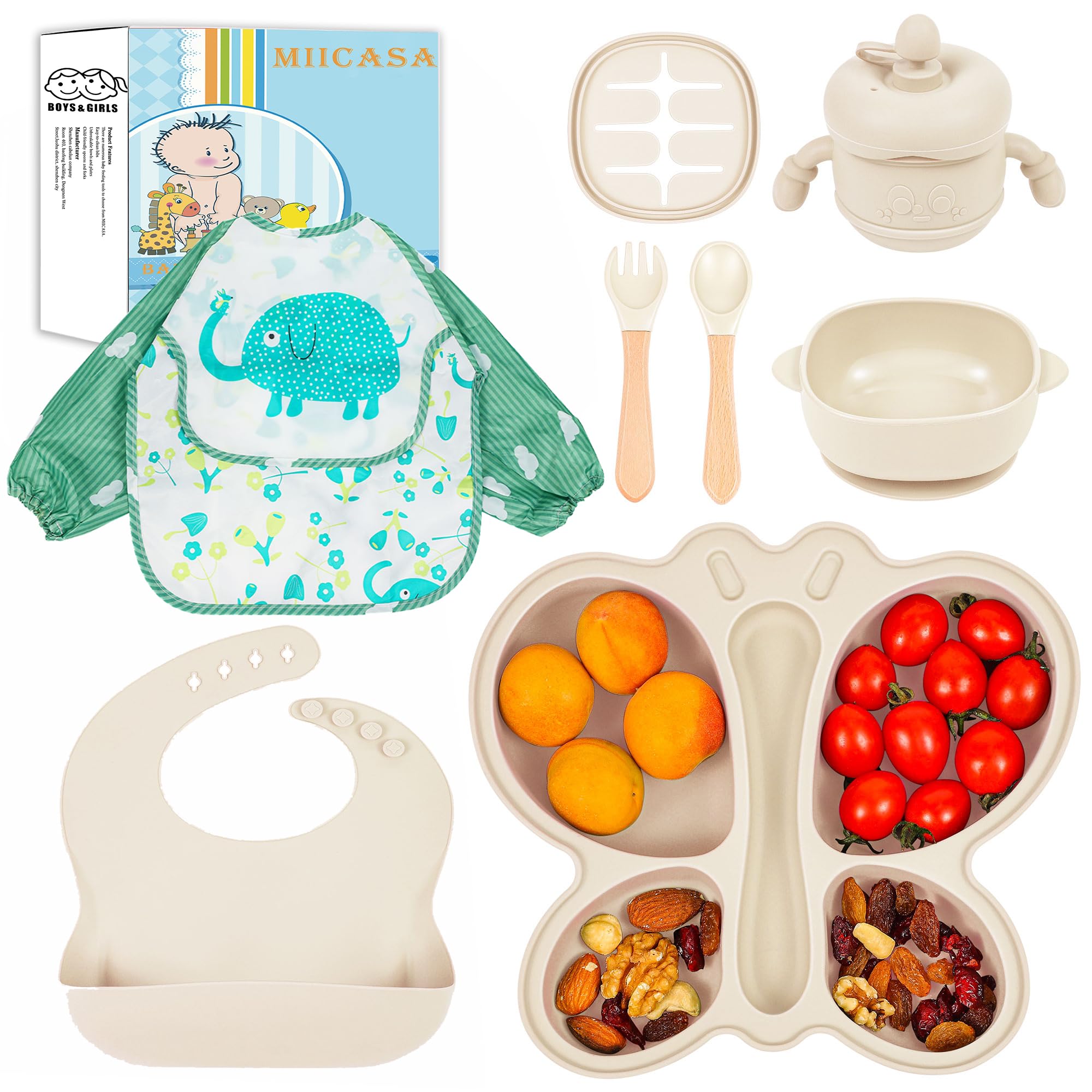 Silicone Baby Feeding Set, Baby Led Weaning Supplies, Silicone Suction Butterfly Plate, Bowl, Spoons, Fork and Waterproof Bib & Cloth Bib, Eating