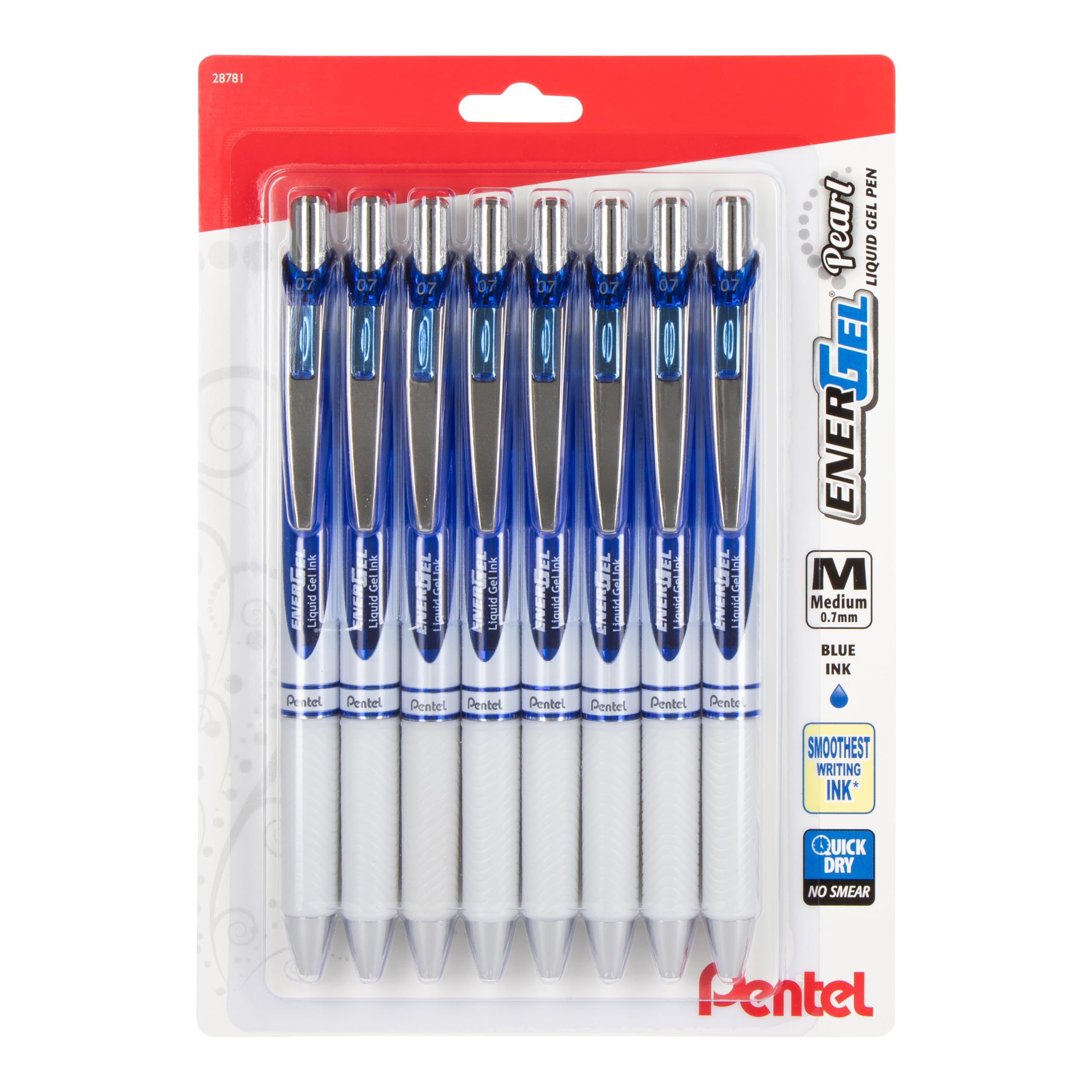 Pentel EnerGel Pearl Retractable Liquid Gel Pen, 0.7mm, Medium Line, Blue Ink, 8-Pk (BL77PWBP8C)