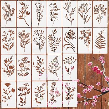 24 Pcs Floral Stencils for Walls,Flower Stencils for Painting on Walls Canvas - DIY Craft Templates for Home Decor, Furniture, and Fabric Art Projects