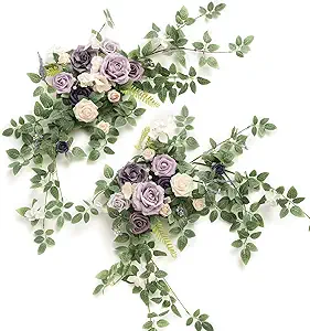 Ling's moment 2PCS Artificial Floral Swags Centerpieces Wedding Flower Purple Rose Garland Greenery Arrangements for Sweetheart Head Table Decor Car Wall Window Arch Garden Decor Lilac & Gold