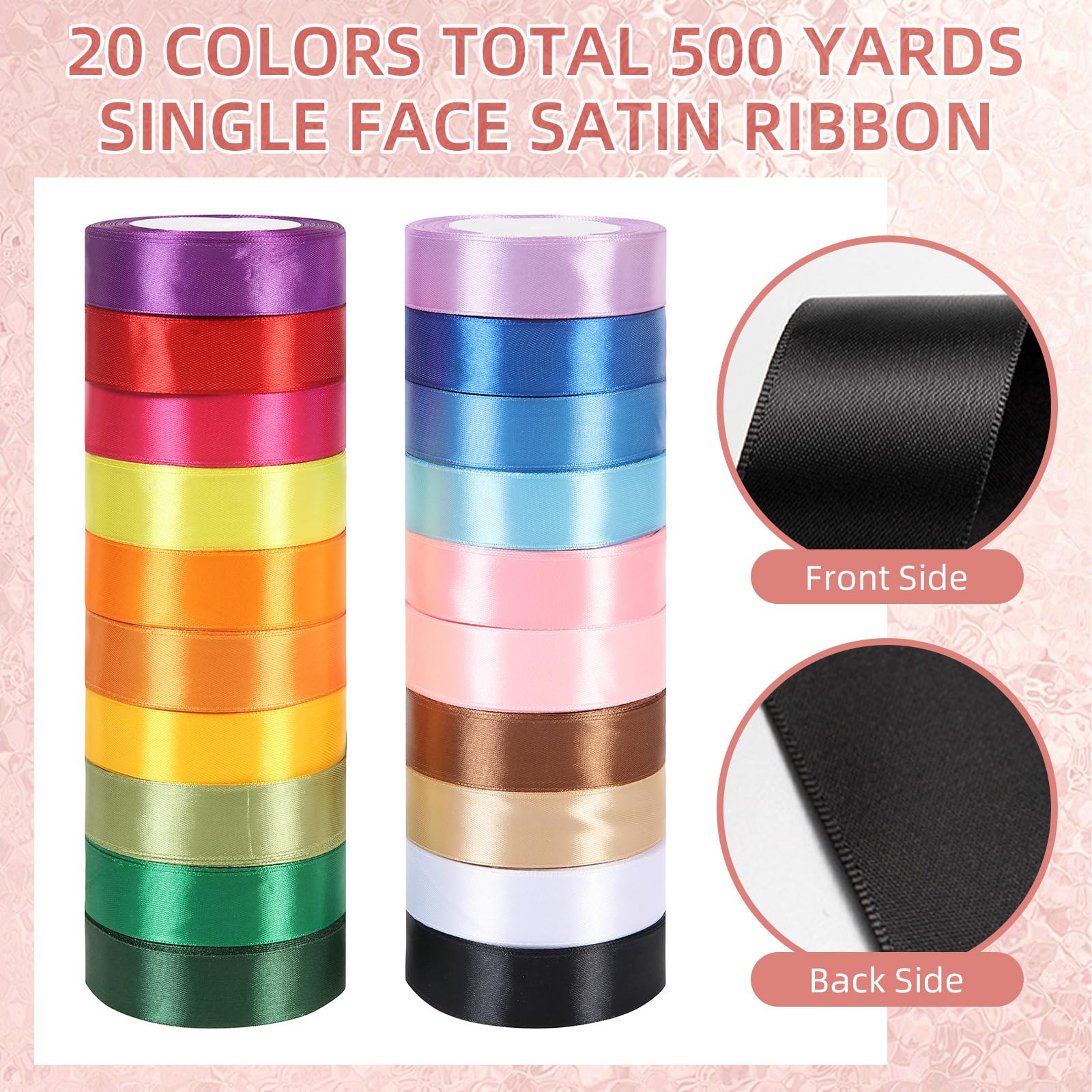Regenbogen-Satinband in 20 Farben, 457 m, 3,8 cm x 22,7 m, insgesamt 457 m, buntes Stoff-Satinband-Set, verschiedene Bänder für Geschenkverpackungen, Halloween, Weihnachten, Hochzeit,
