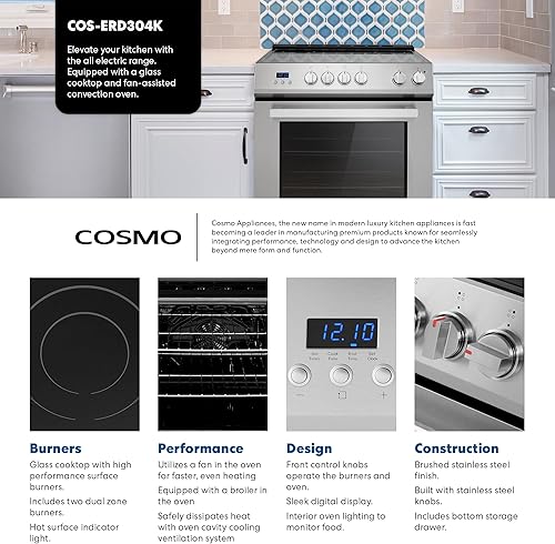 Miniatura 14 de COSMO COS-ERD304K-BK 30 pulgadas Colección Stellar 5.0 pies cúbicos Cocina eléctrica con 4 quemadores de vidrio y horno de convección en negro mate