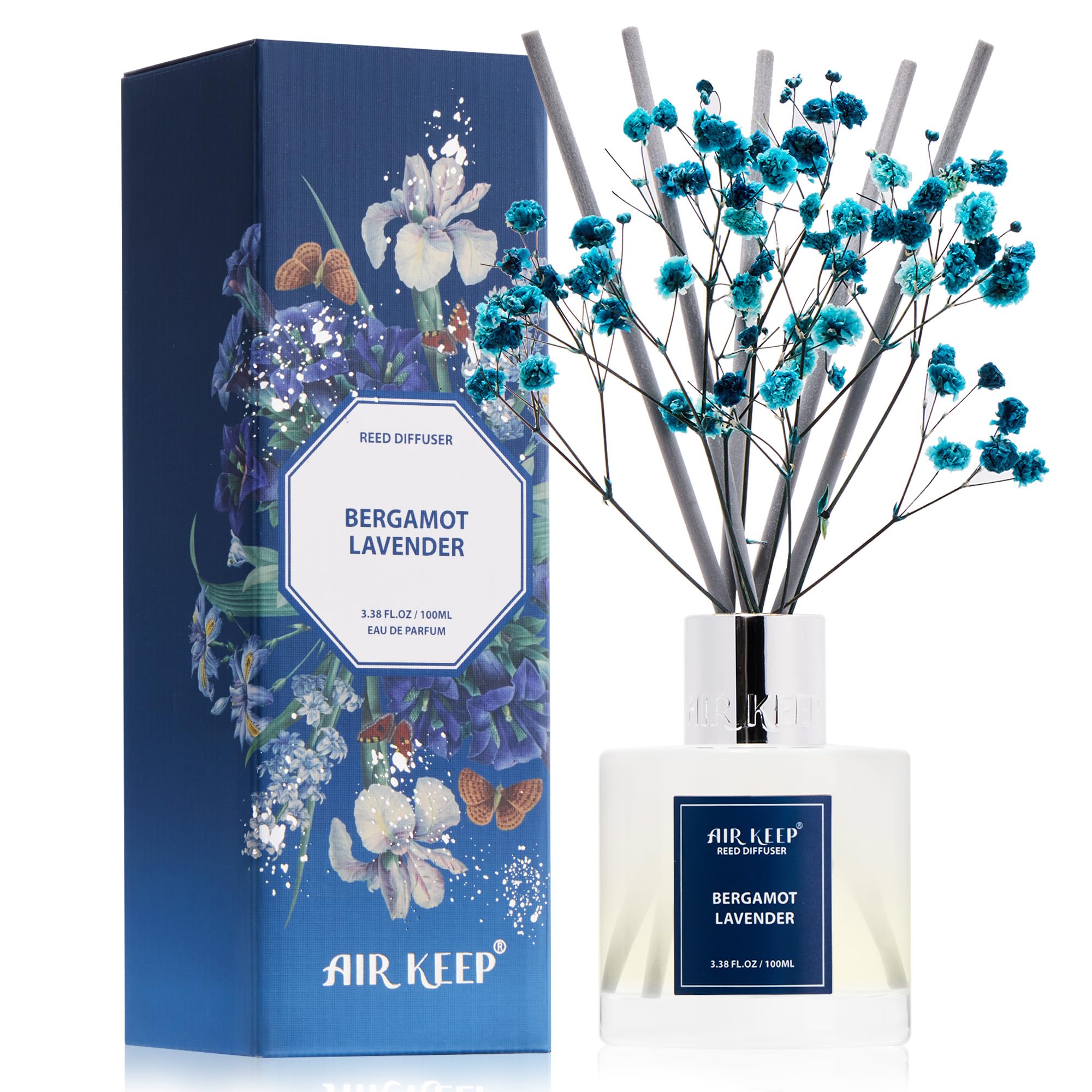Airkeep Reed Diffuser Set,3.38 fl oz (100 ml) - Bergamot Lavender Oil Diffusers with 8 Reed Sticks, Home Fragrance Reed Diffuser for Bathroom Shelf Decor