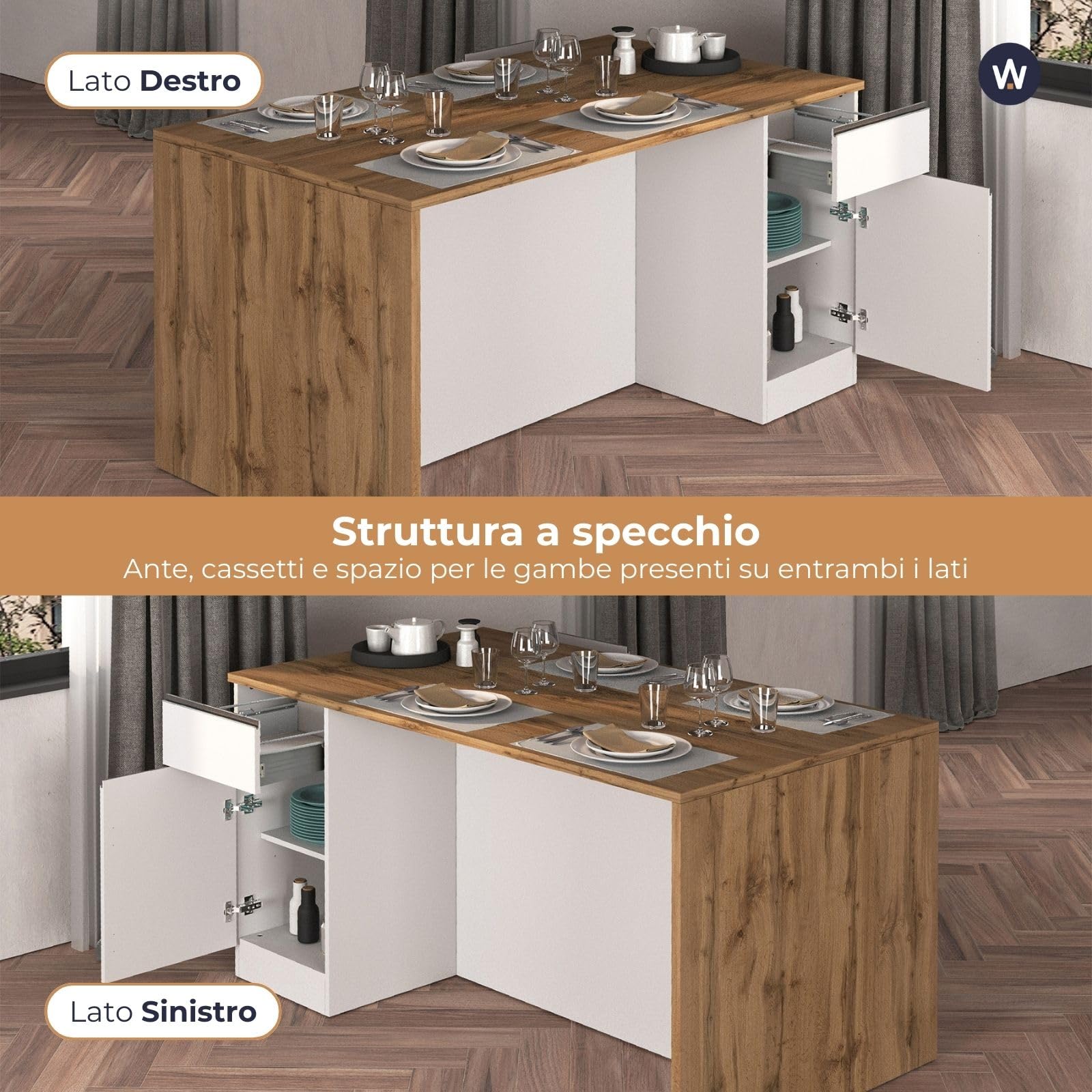 WHOUS Isola Cucina SOLE con 2 Ante e 2 Cassetti, Tavolo da Pranzo e Piano di Lavoro, Ideale per Open Space e Spazi Ridotti, 160x90x90 cm, Bianco Lucido e Rovere