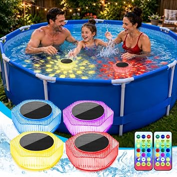 FREECUBE 4 Pack Solar Floating Pool Lights with Remote, RGB Color Changing Solar Pool Lights that Float with 7 Dynamic Lighting, IP68 Waterproof Swimming Pools Light for Wedding Party Decor