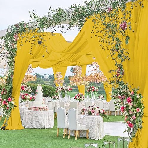 Miniatura 6 de FOTSHARER 6 cortinas de techo doradas de gasa para arco de boda, 5 x 10 pies, cortinas transparentes para telón de fondo, cortina de techo de boda,