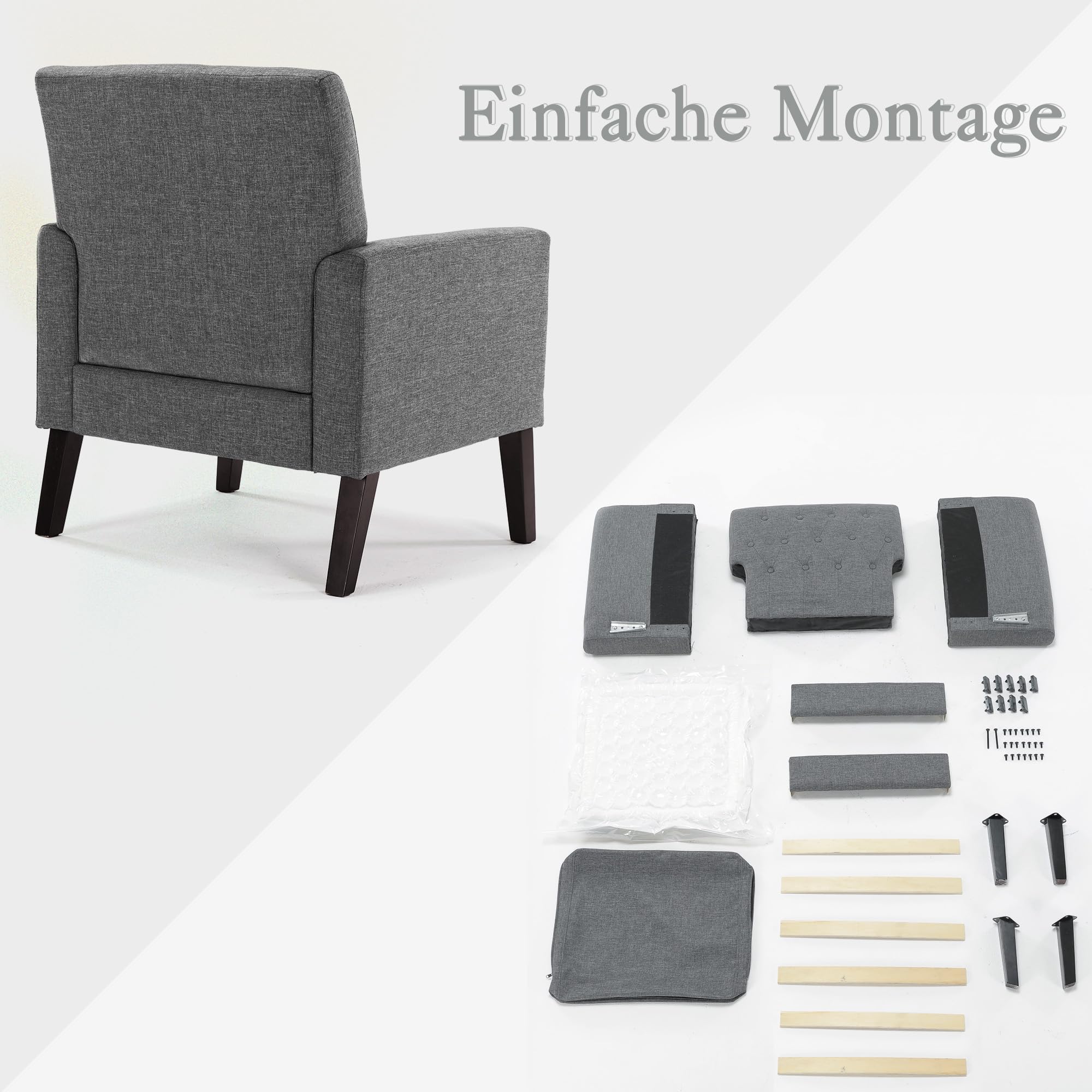 LUE BONA Ohrensessel Sessel Wohnzimmer, Polstersessel, Armchair, Modern Loungesessel mit Knopfsteppung, Lesesessel für Wohnzimmer, Schlafzimmer, Esszimmer, Leinenoptik, Dunkelgrau