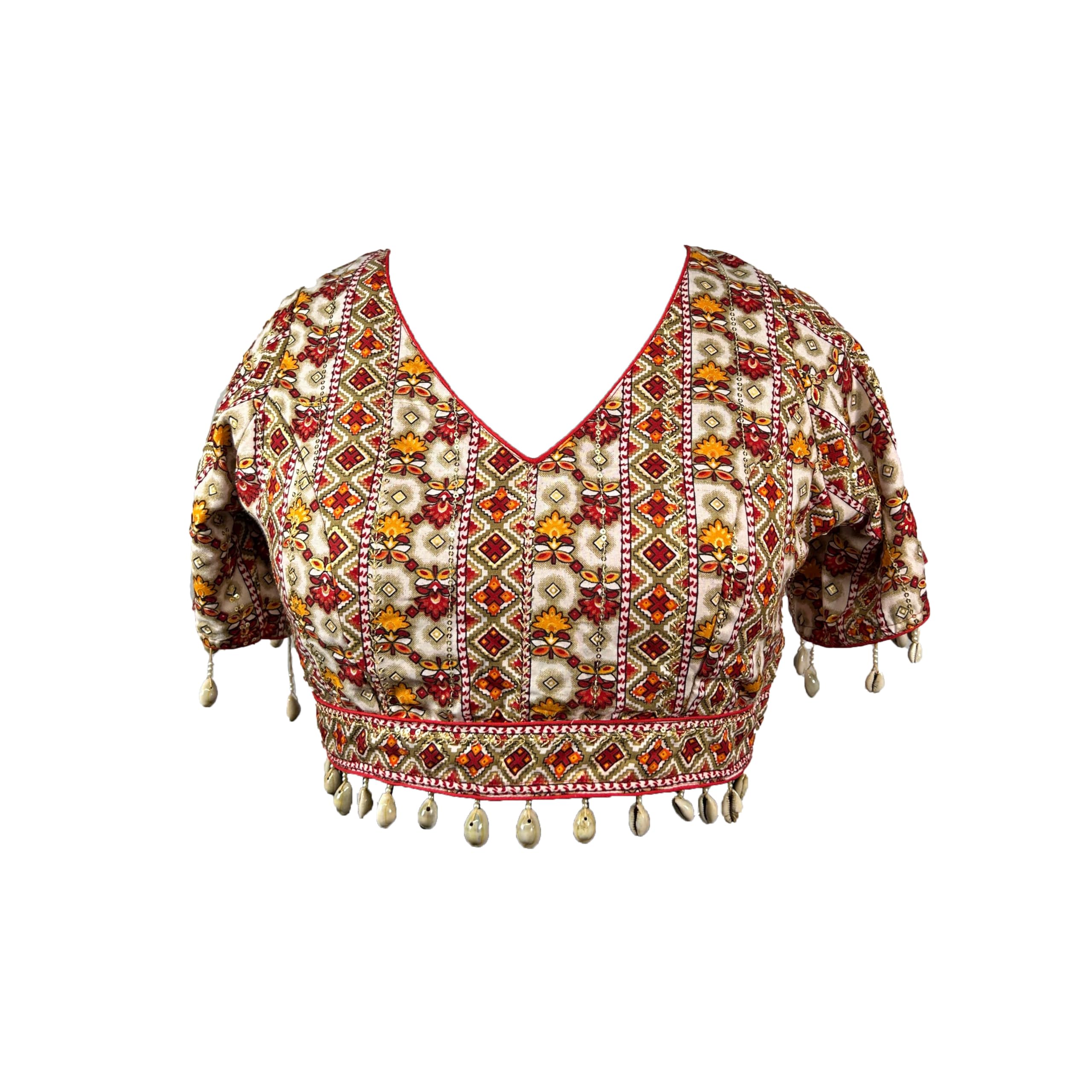 Trendy Mirror Work Sleeveless Blouse | V-Neck Bandhani Choli with Shell Tassels | Designer Ethnic Crop Top for Saree & Lehenga | Wedding Blouse (red,Orange and Cream, 40)-picture-17