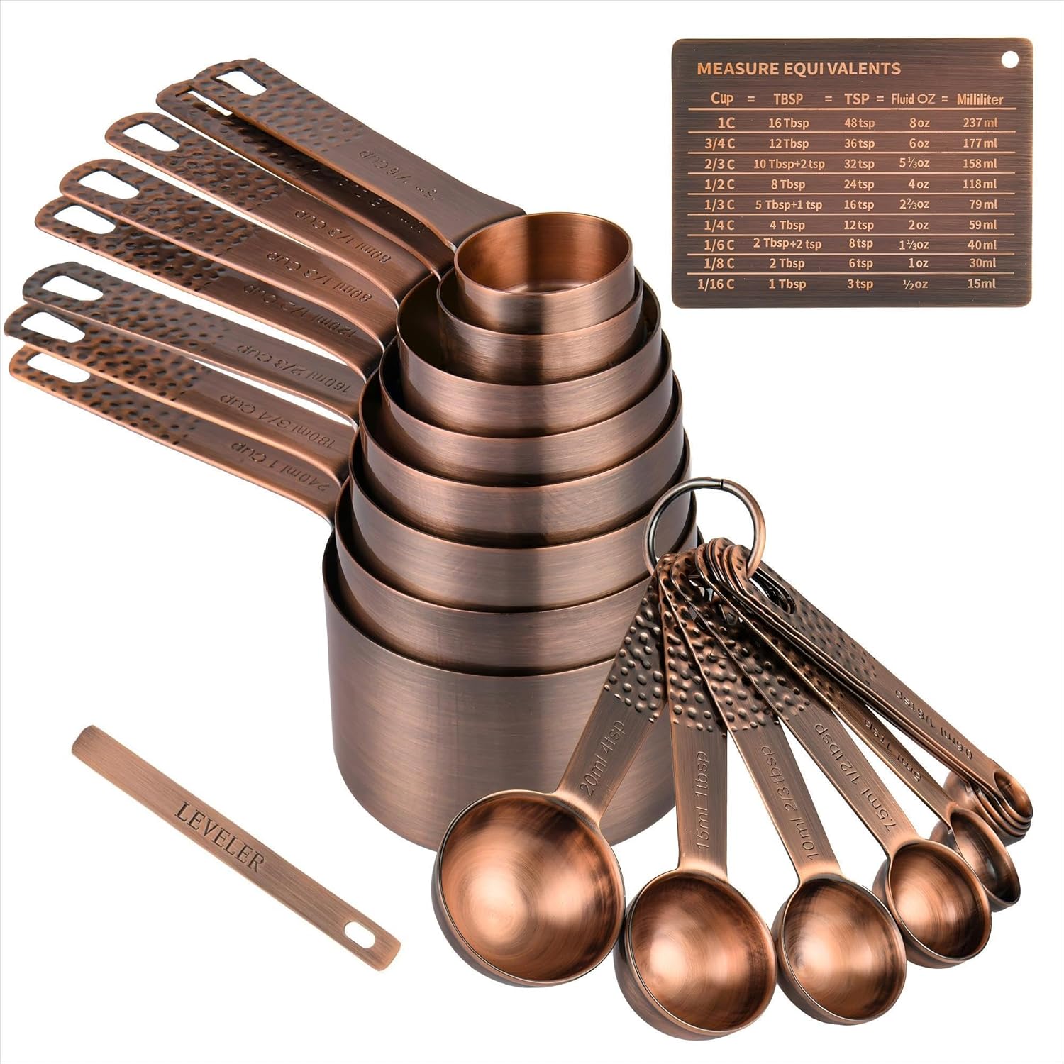 Copper Measuring Cups and Spoons Set, Stainless Steel Measuring Cups and Spoons Set for Baking and Kitchen, Measuring Cups Set with 3/4 Cup Measuring Cup